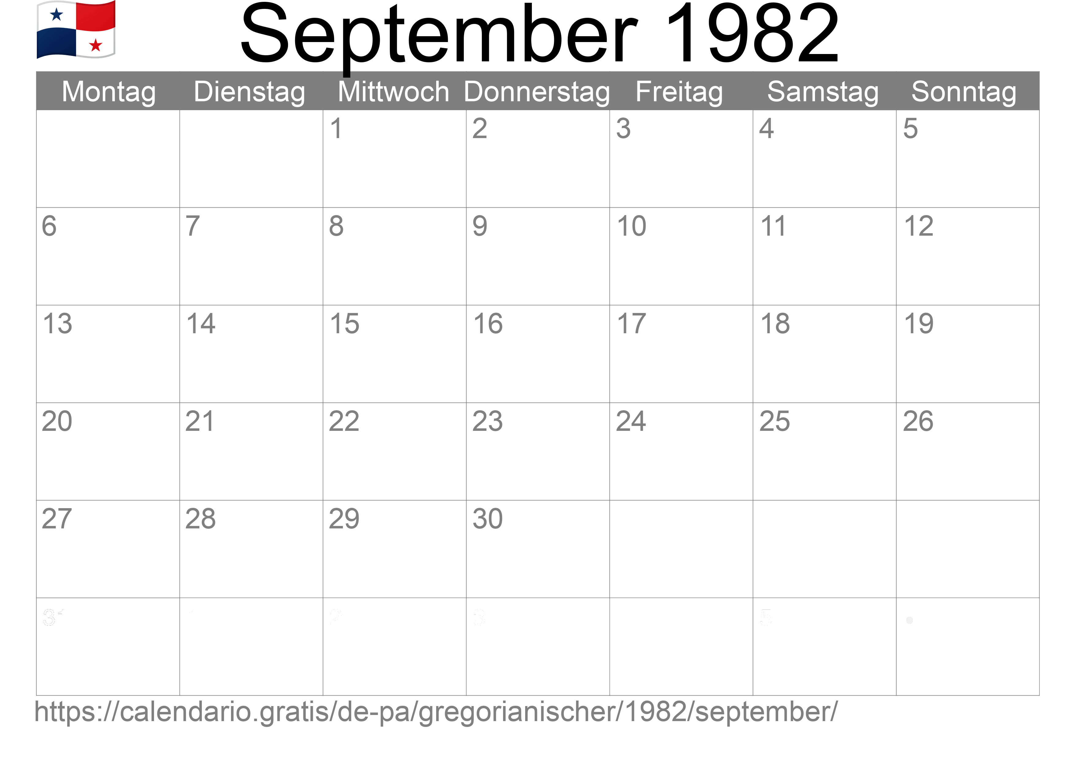 Kalender September 1982 zum Ausdrucken