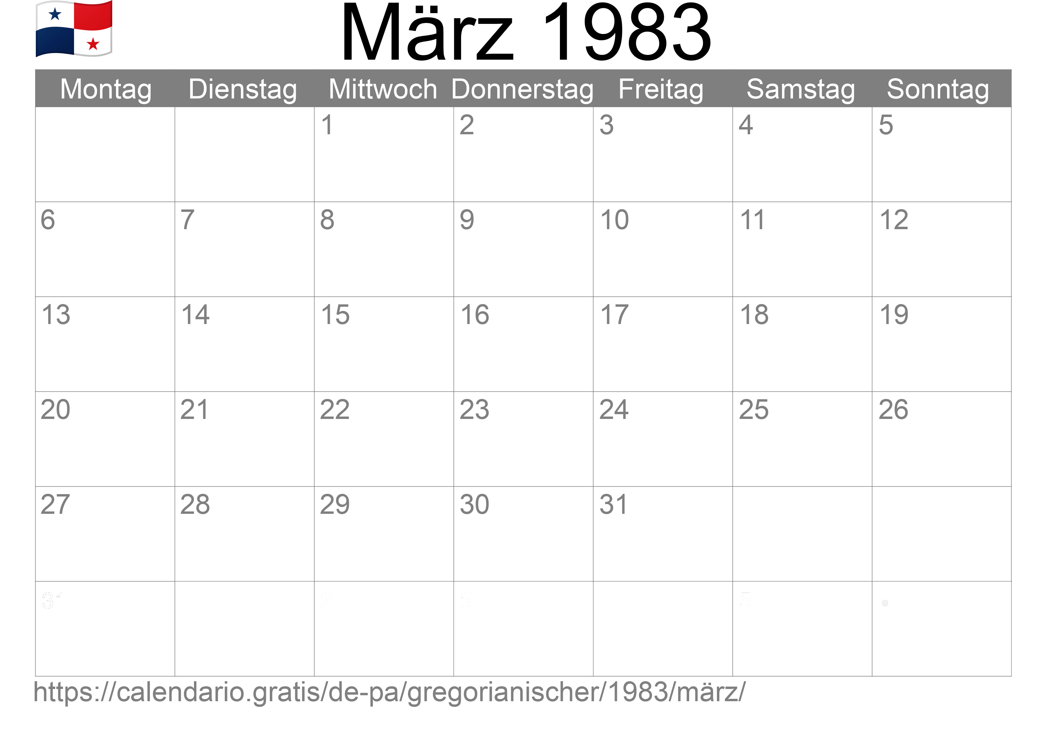 Kalender März 1983 zum Ausdrucken