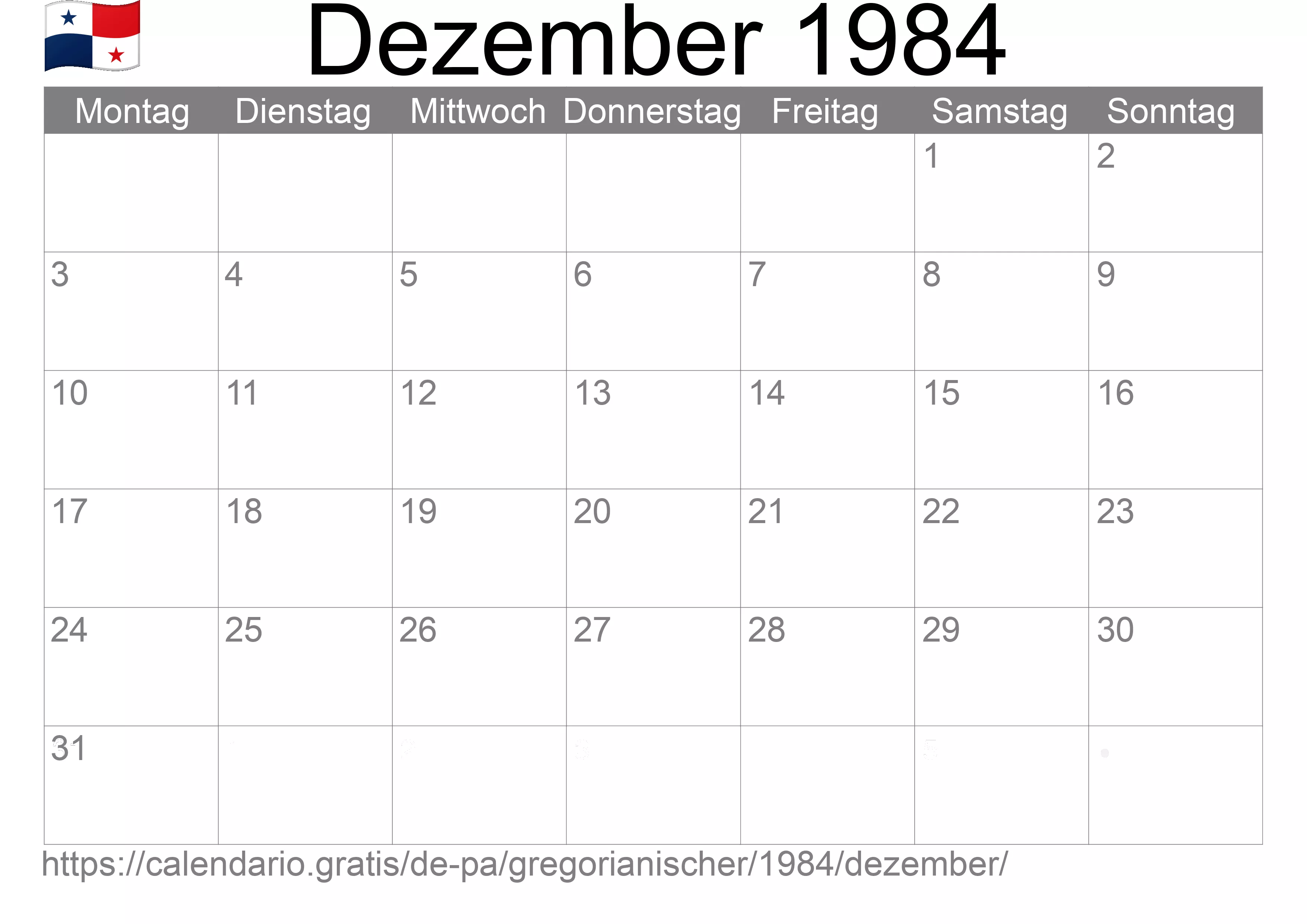 Kalender Dezember 1984 zum Ausdrucken (Panama)