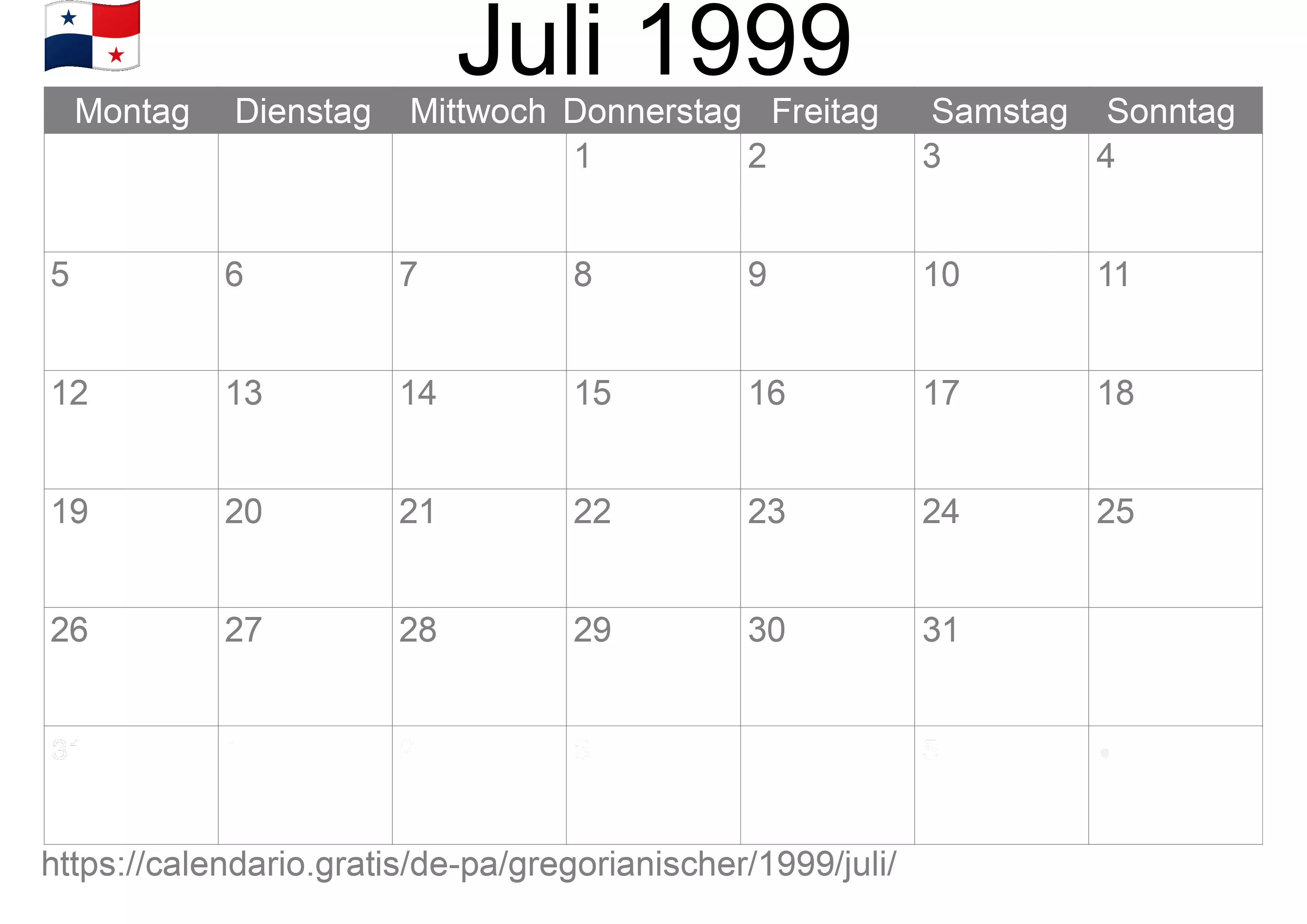 Kalender Juli 1999 zum Ausdrucken (Panama)