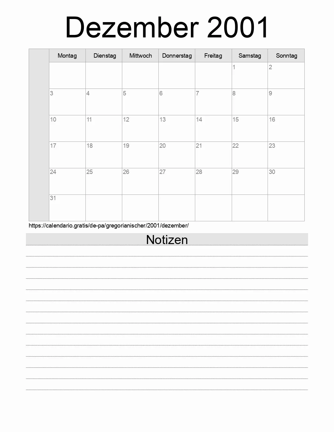 Kalender für Dezember 2001 zum Drucken mit Notizen. (Panama)