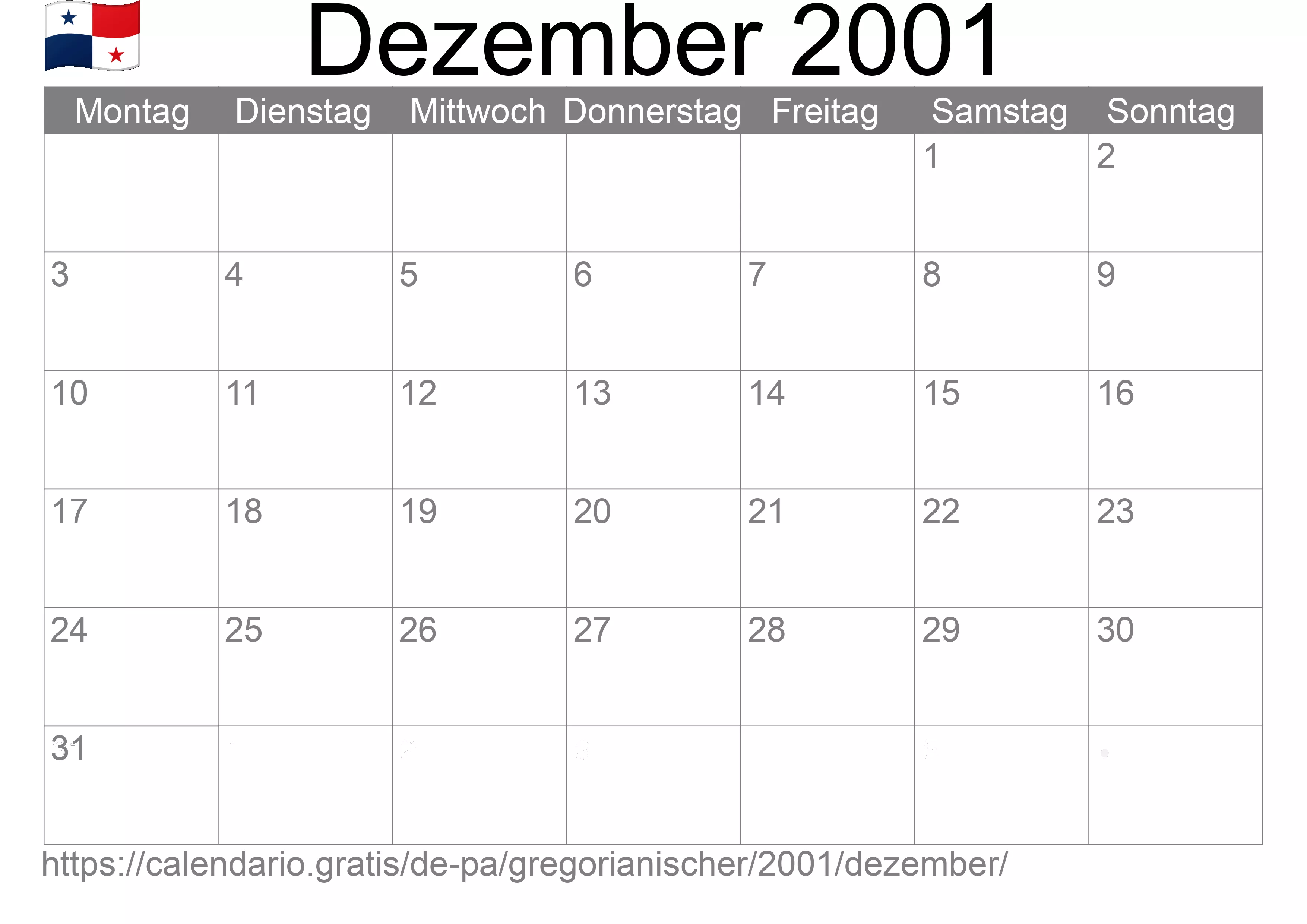 Kalender Dezember 2001 zum Ausdrucken (Panama)