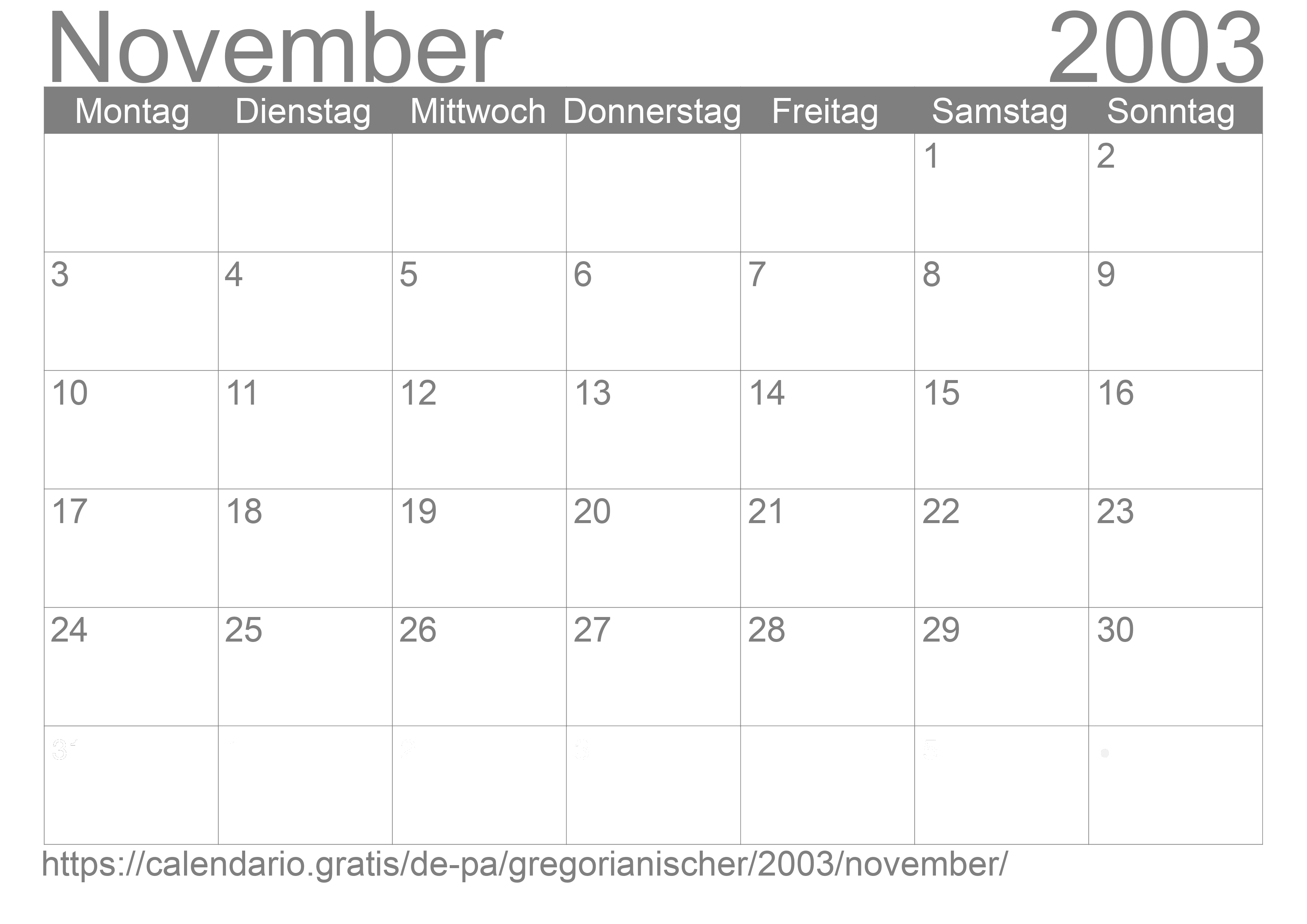 Kalender November 2003 zum Ausdrucken