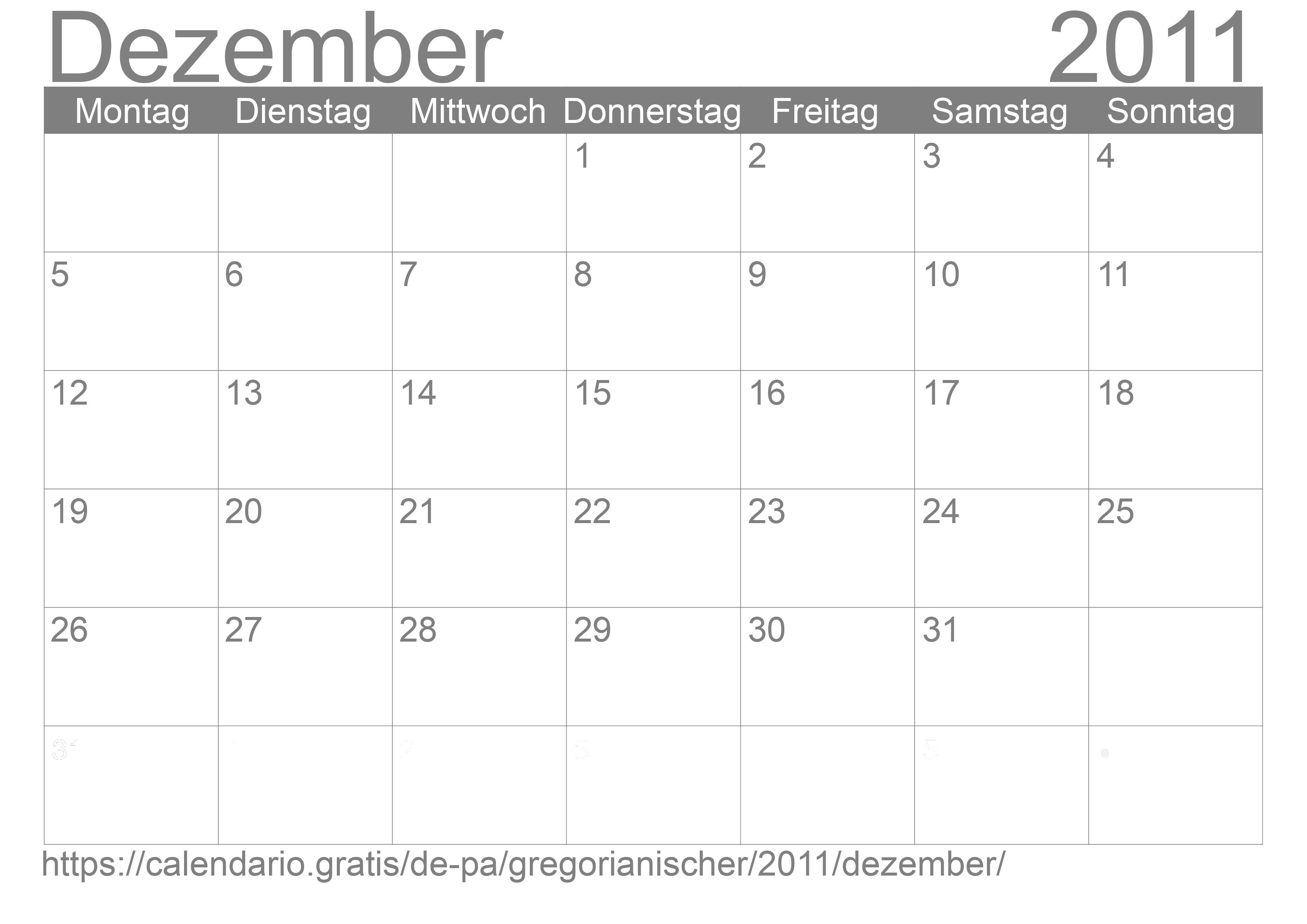 Kalender Dezember 2011 zum Ausdrucken