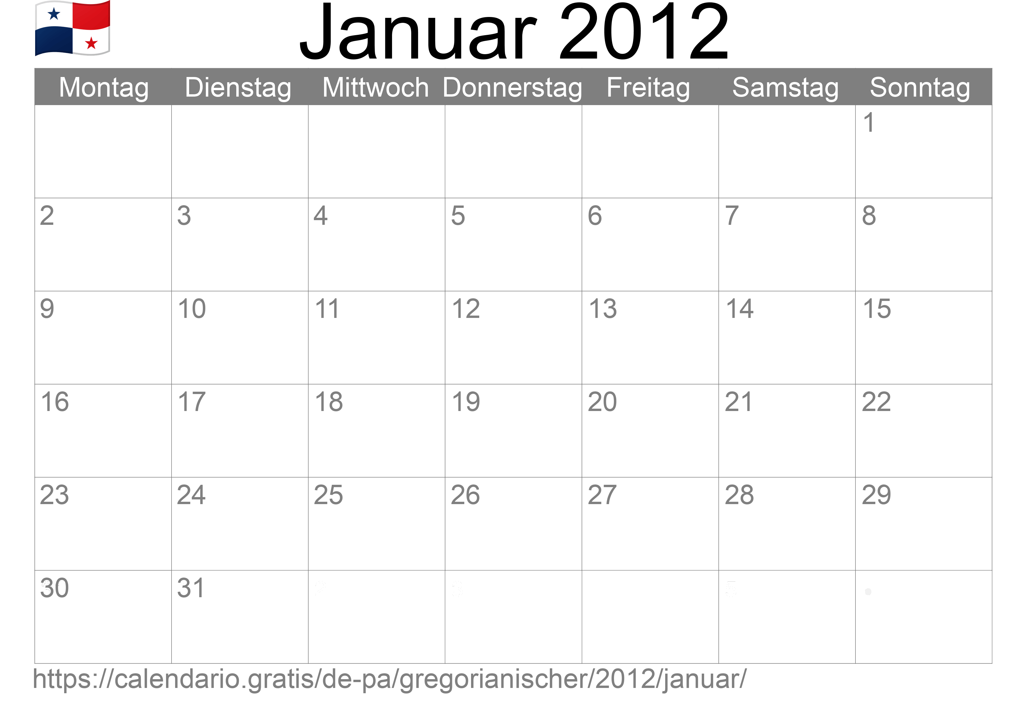 Kalender Januar 2012 zum Ausdrucken