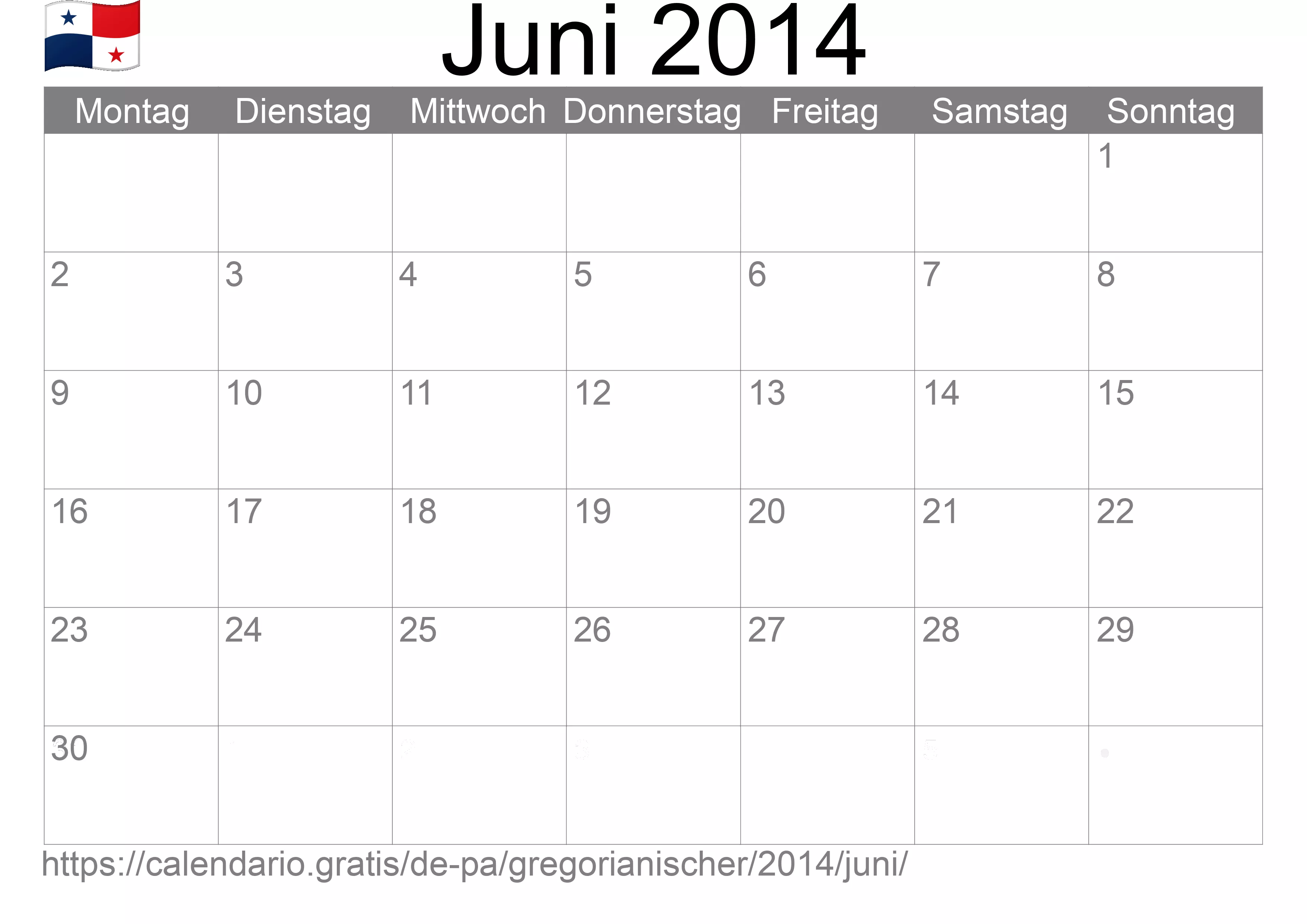 Kalender Juni 2014 zum Ausdrucken (Panama)