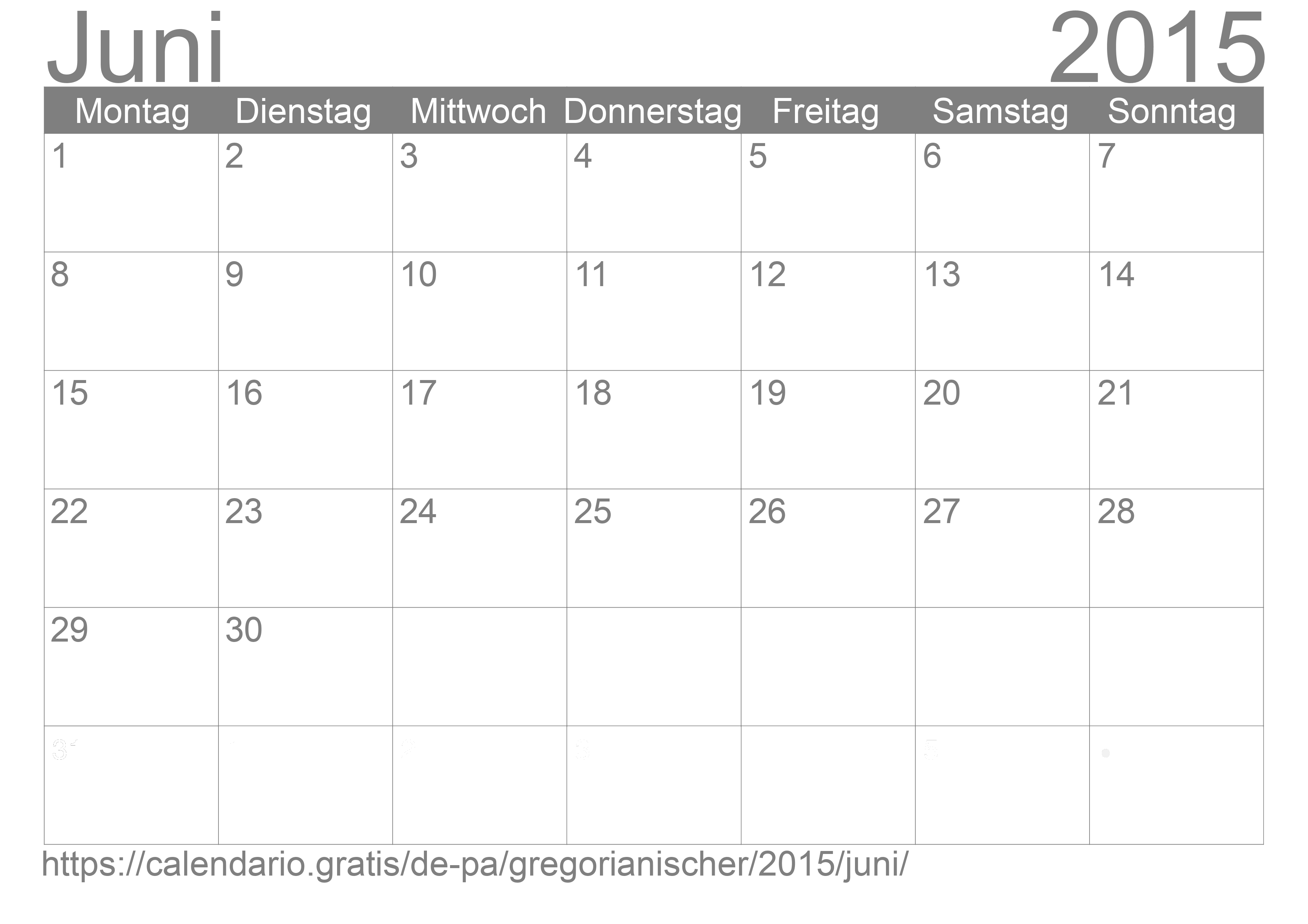 Kalender Juni 2015 zum Ausdrucken