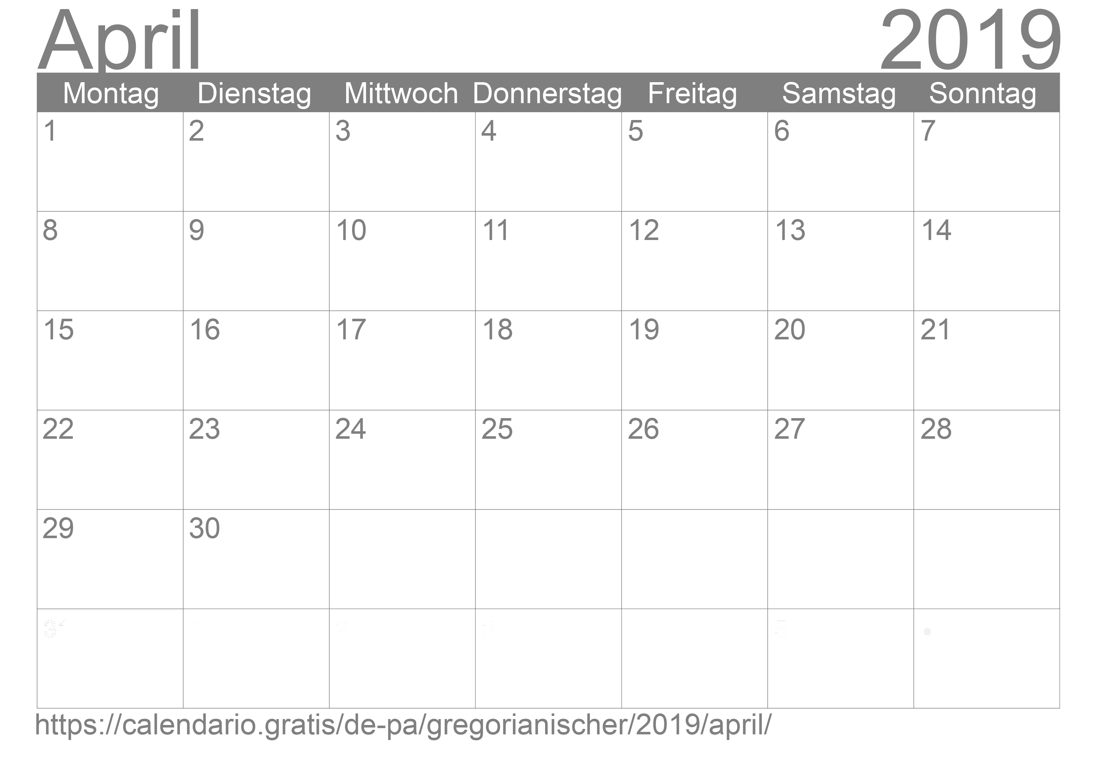 Kalender April 2019 zum Ausdrucken