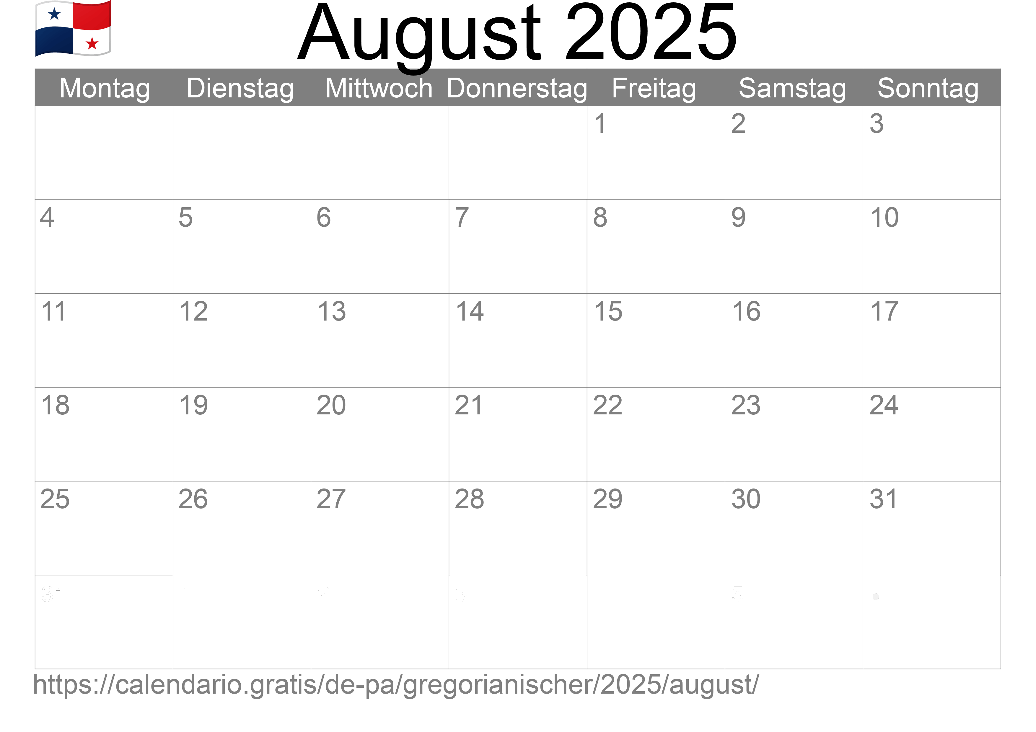 Kalender August 2025 zum Ausdrucken