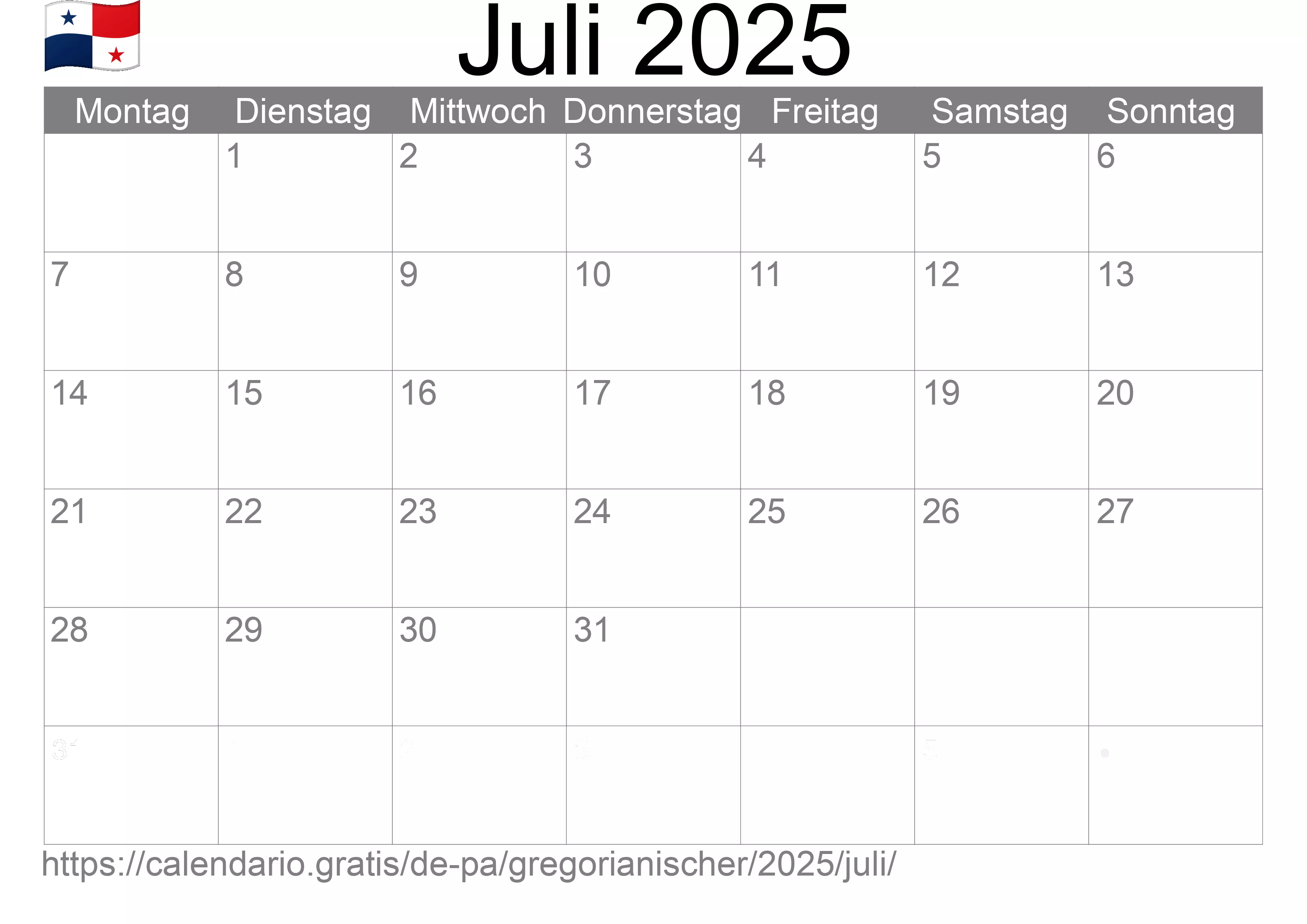 Kalender Juli 2025 zum Ausdrucken (Panama)