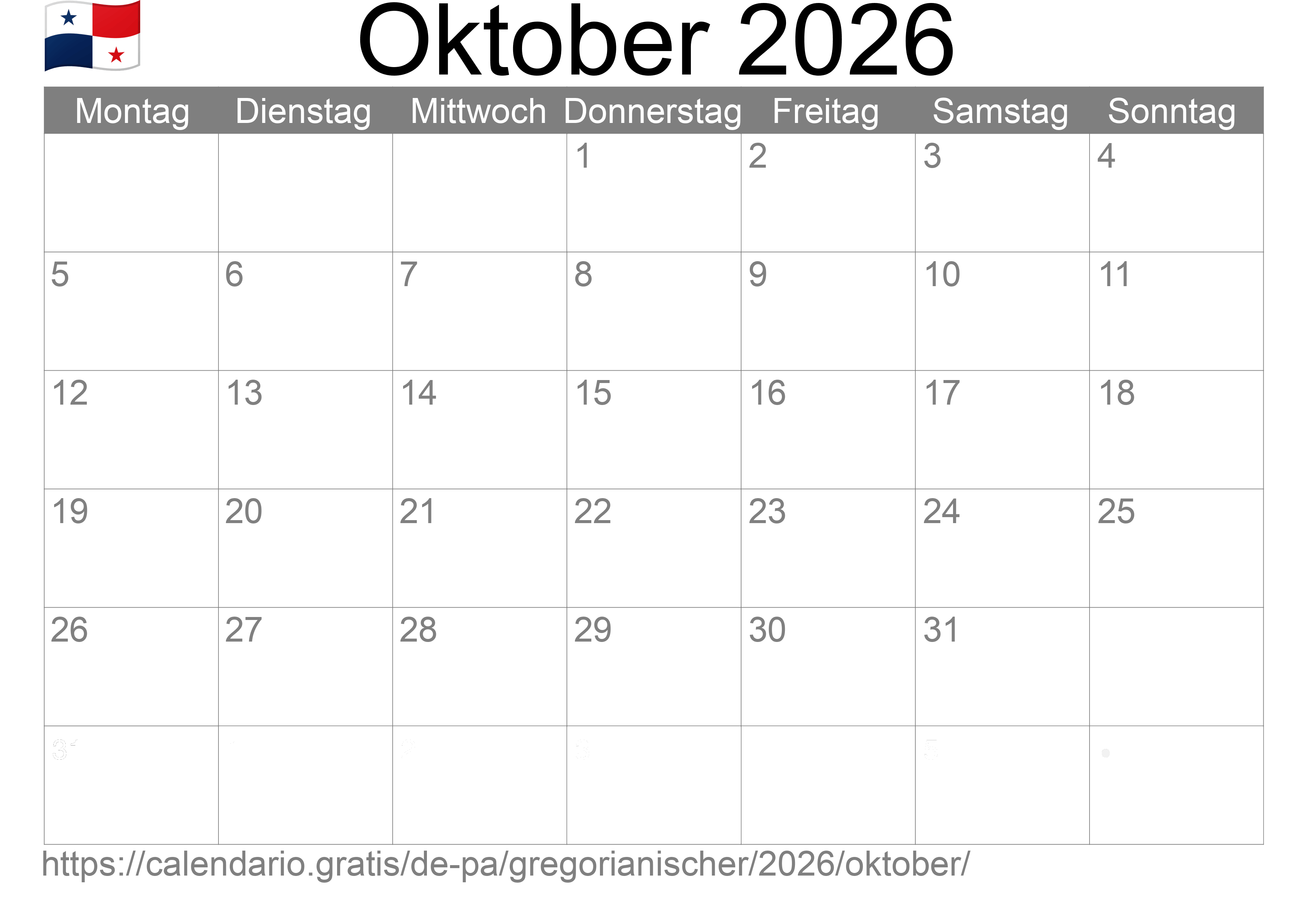 Kalender Oktober 2026 zum Ausdrucken