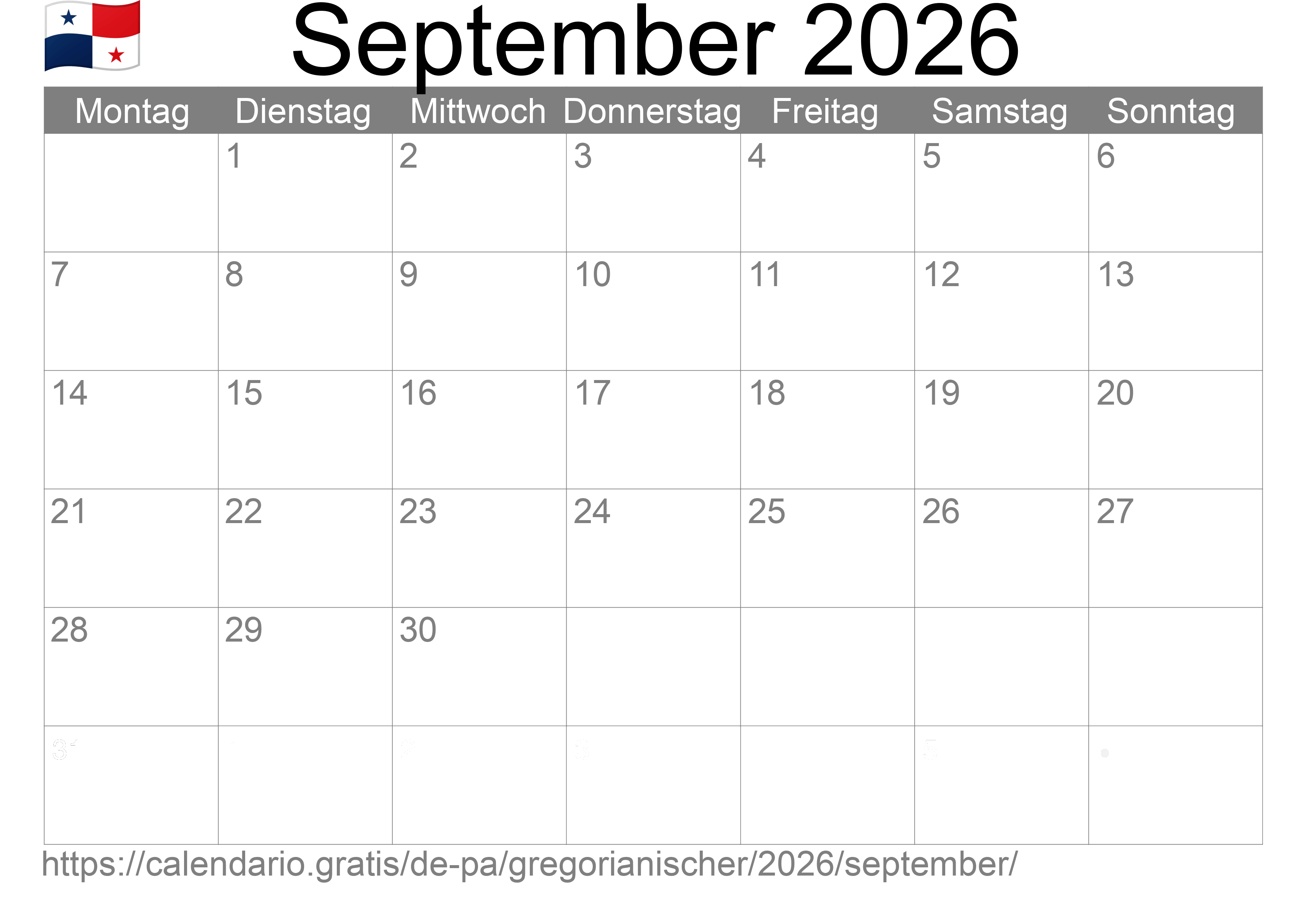 Kalender September 2026 zum Ausdrucken