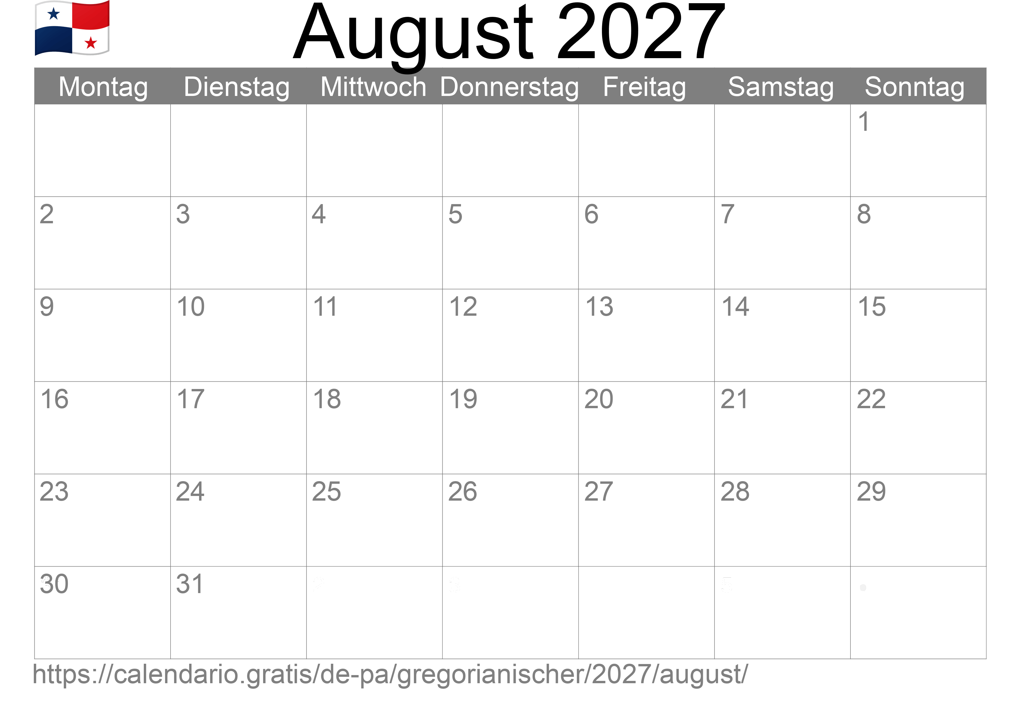 Kalender August 2027 zum Ausdrucken