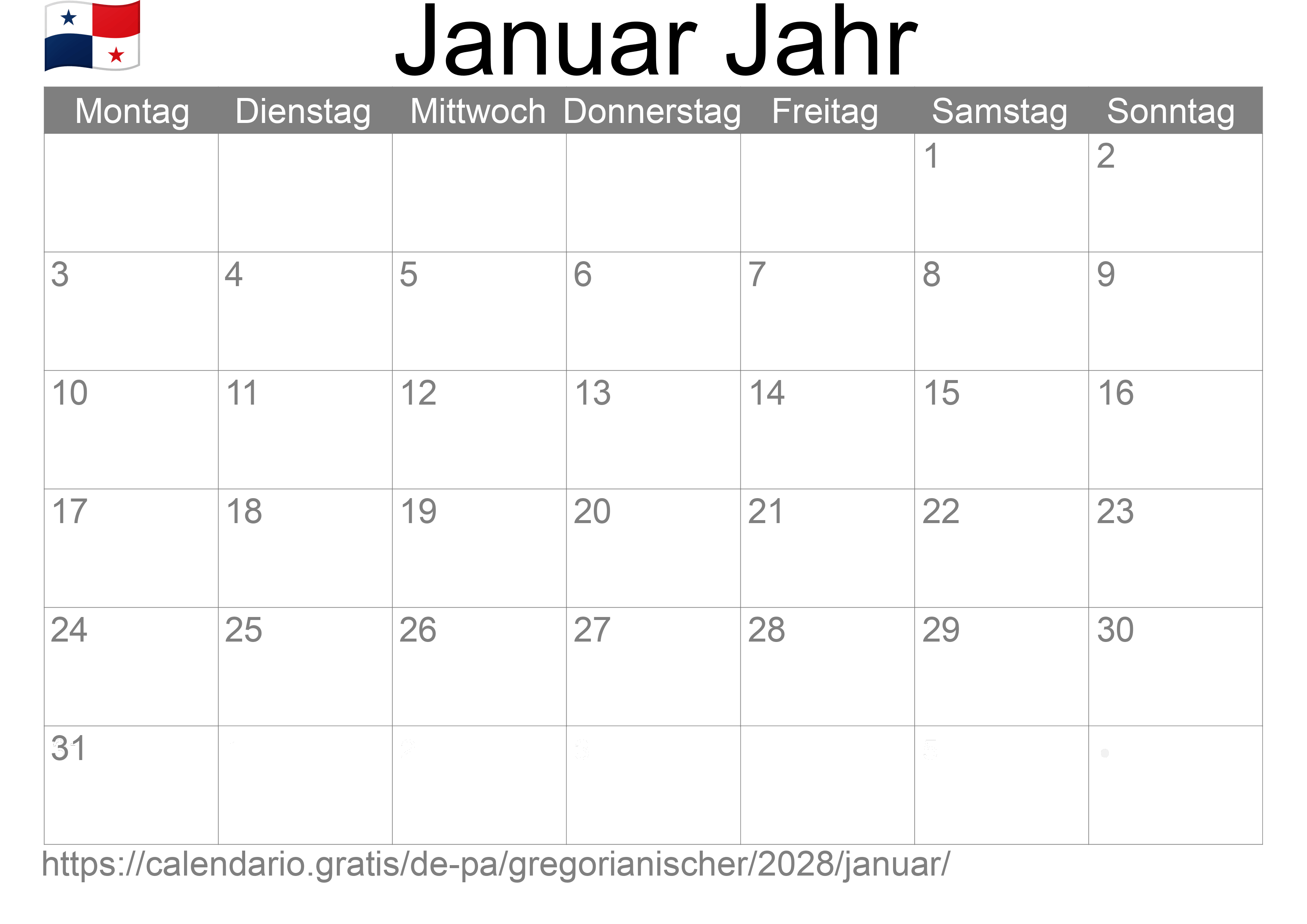 Kalender Januar 2028 zum Ausdrucken