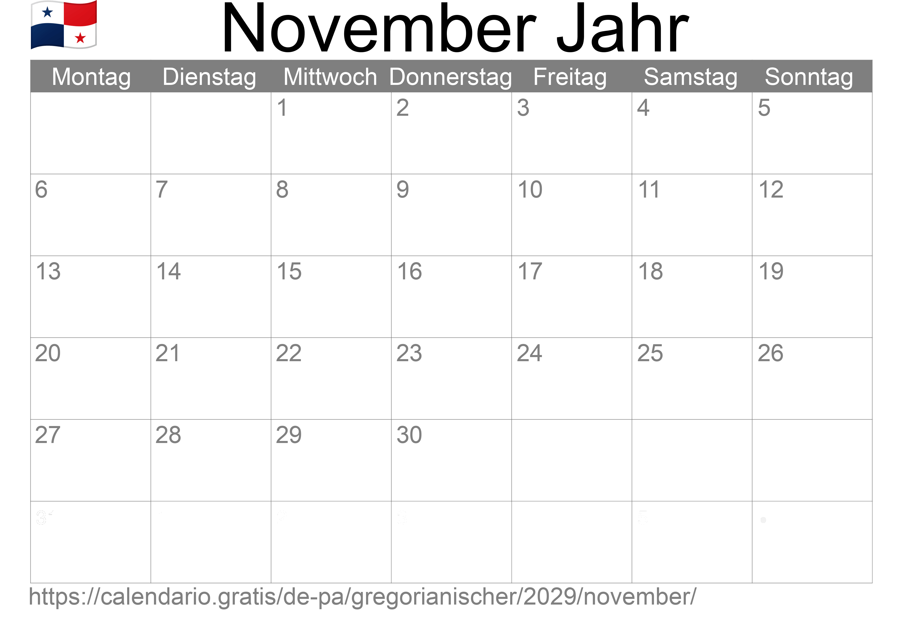 Kalender November 2029 zum Ausdrucken