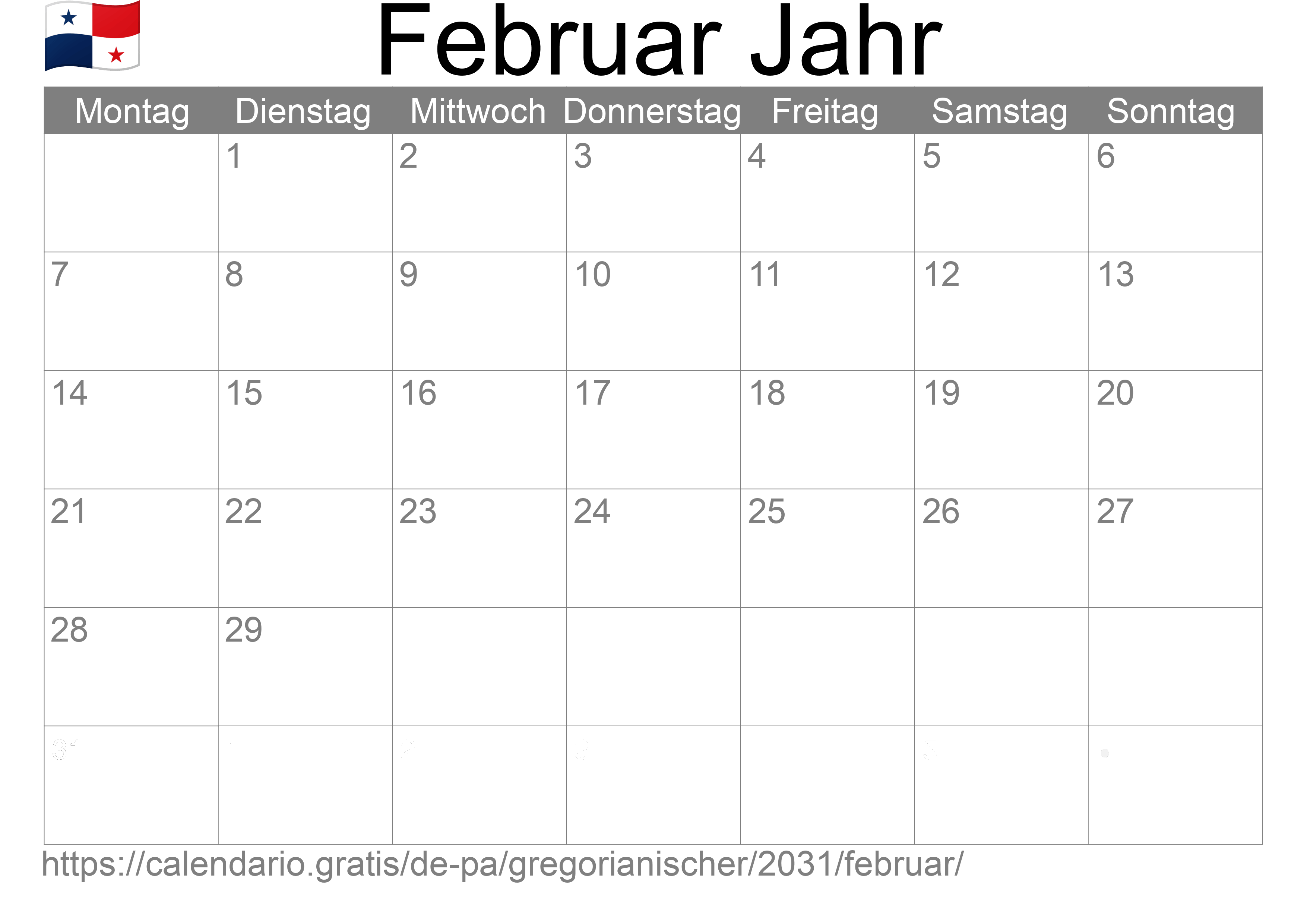 Kalender Februar 2031 zum Ausdrucken