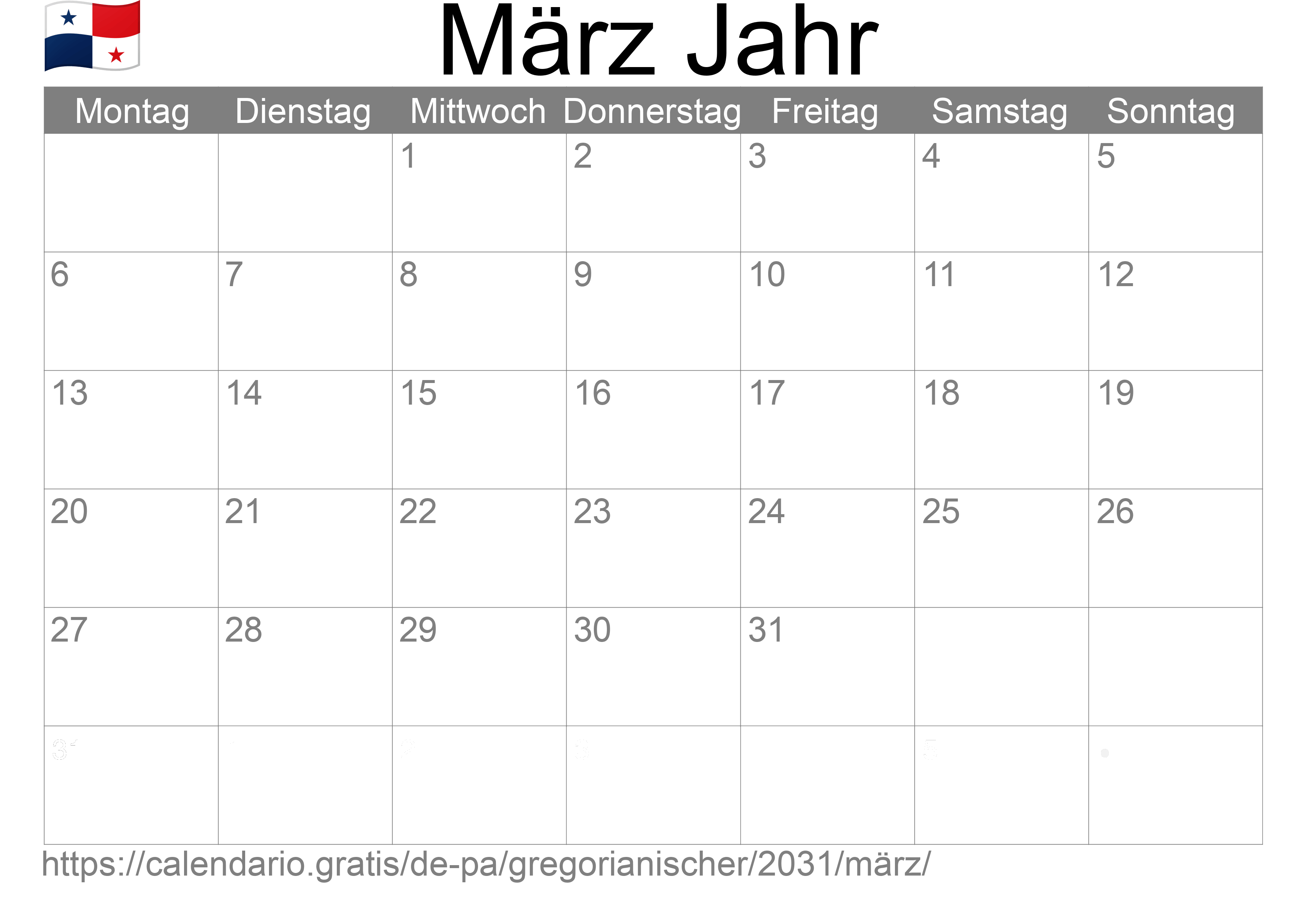 Kalender März 2031 zum Ausdrucken