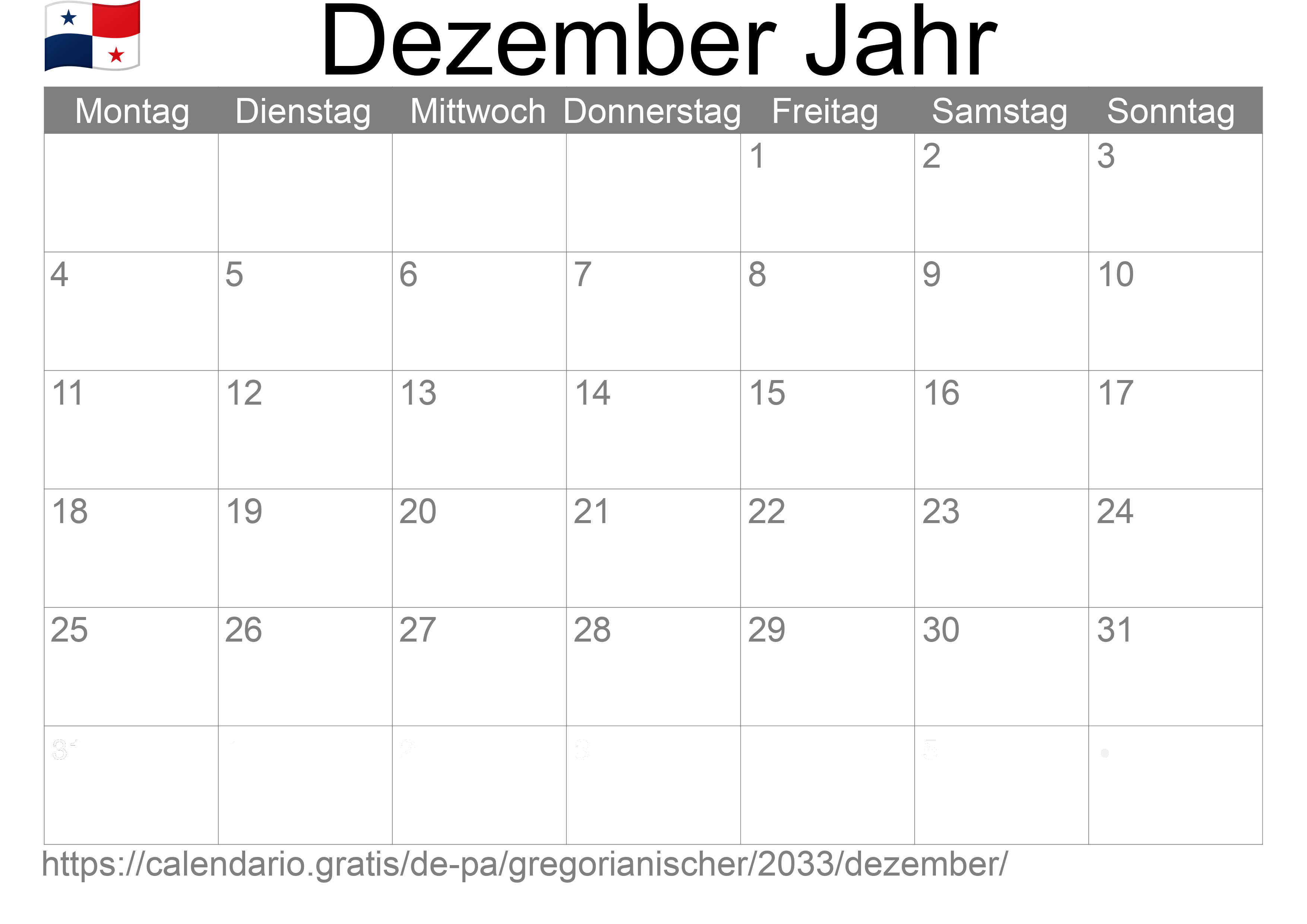 Kalender Dezember 2033 zum Ausdrucken