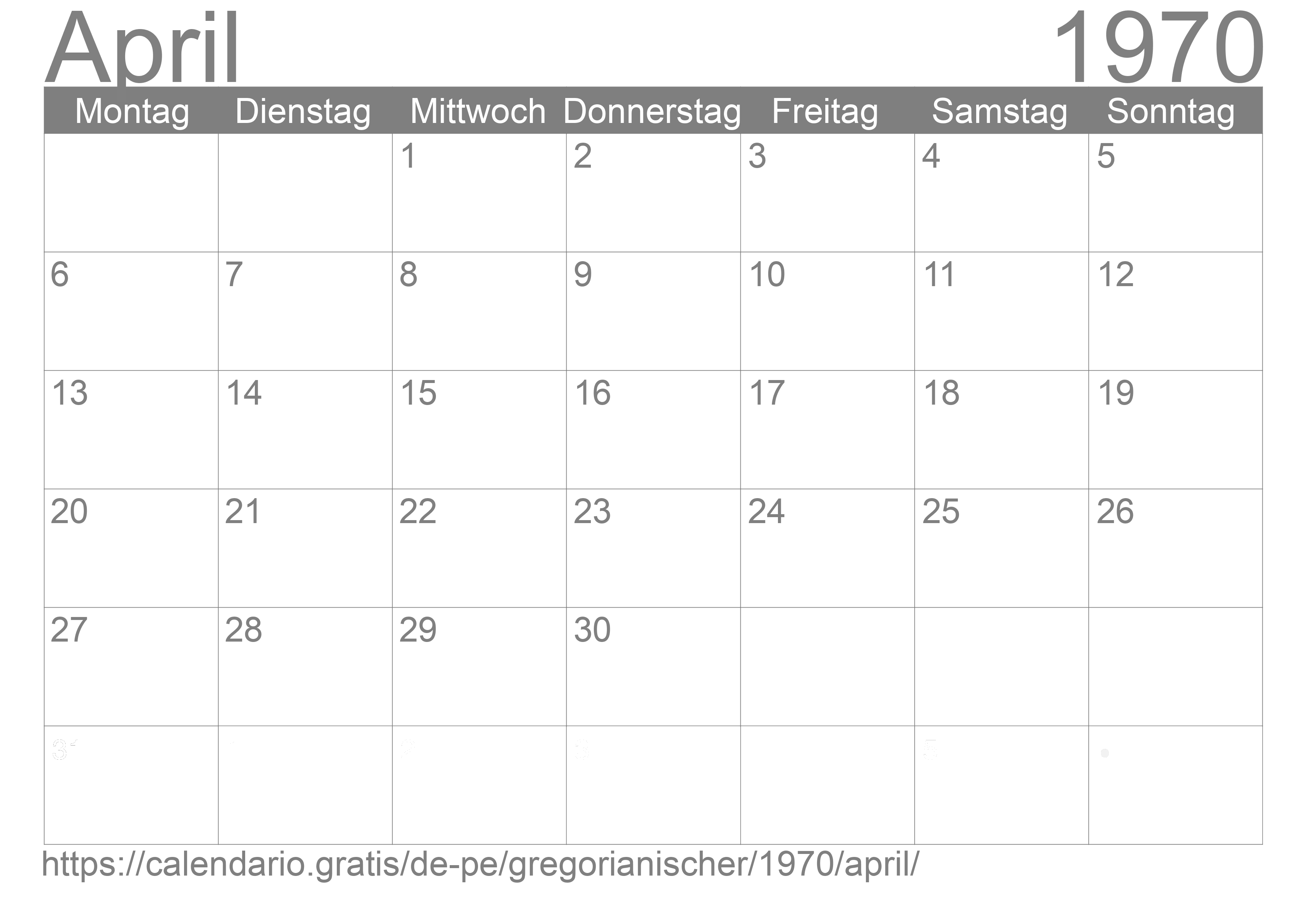 Kalender April 1970 zum Ausdrucken