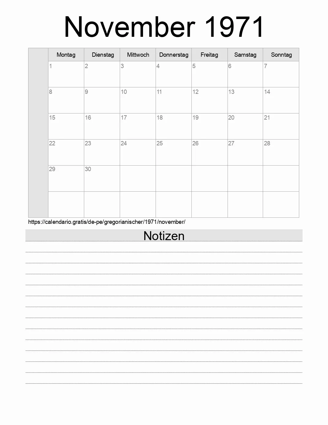 Kalender für November 1971 zum Drucken mit Notizen. (Peru)