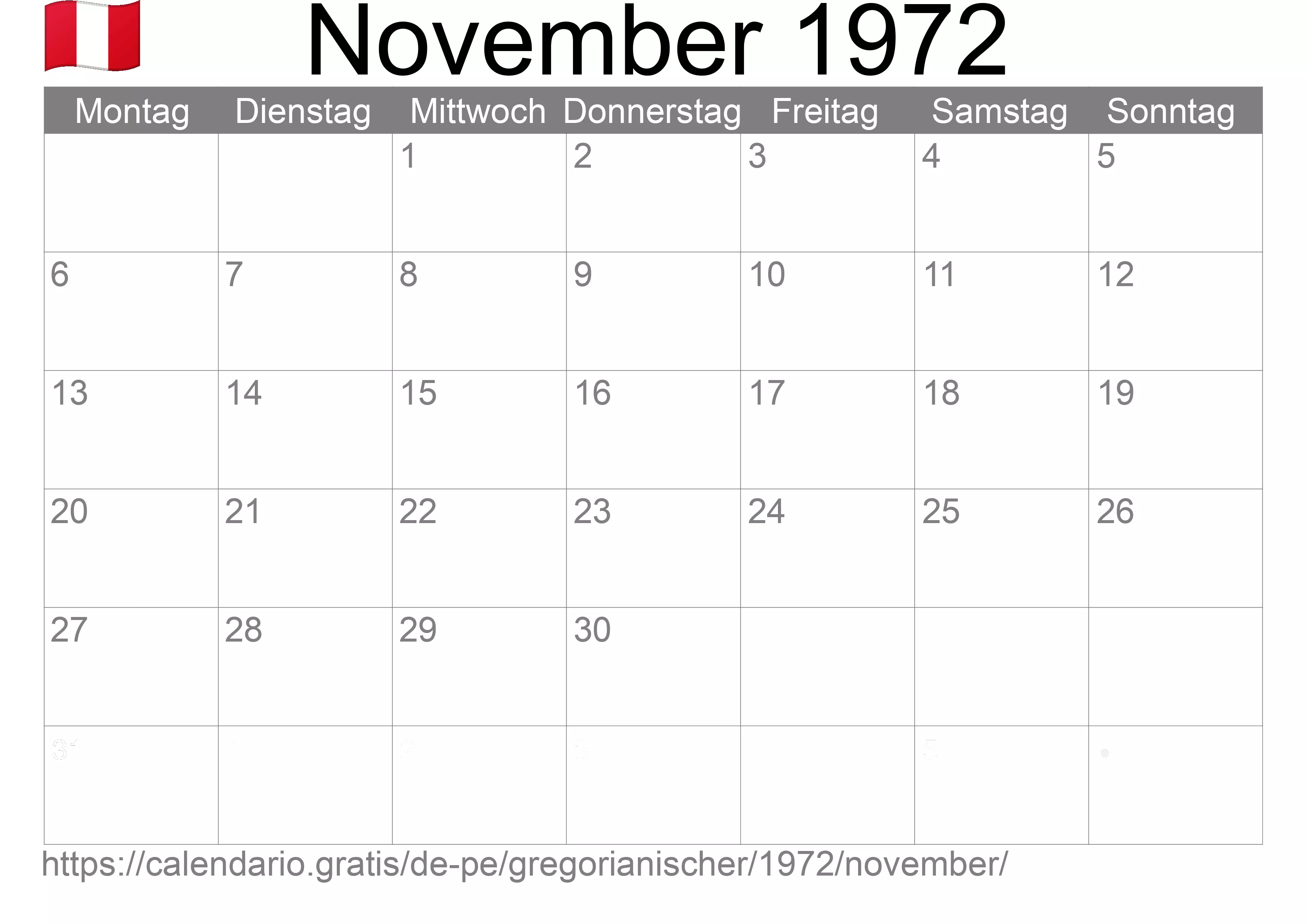Kalender November 1972 zum Ausdrucken (Peru)