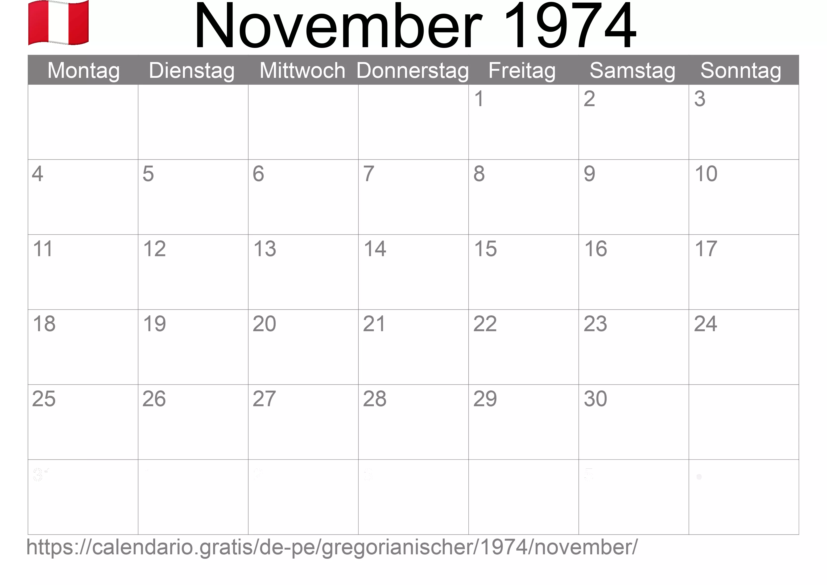Kalender November 1974 zum Ausdrucken (Peru)