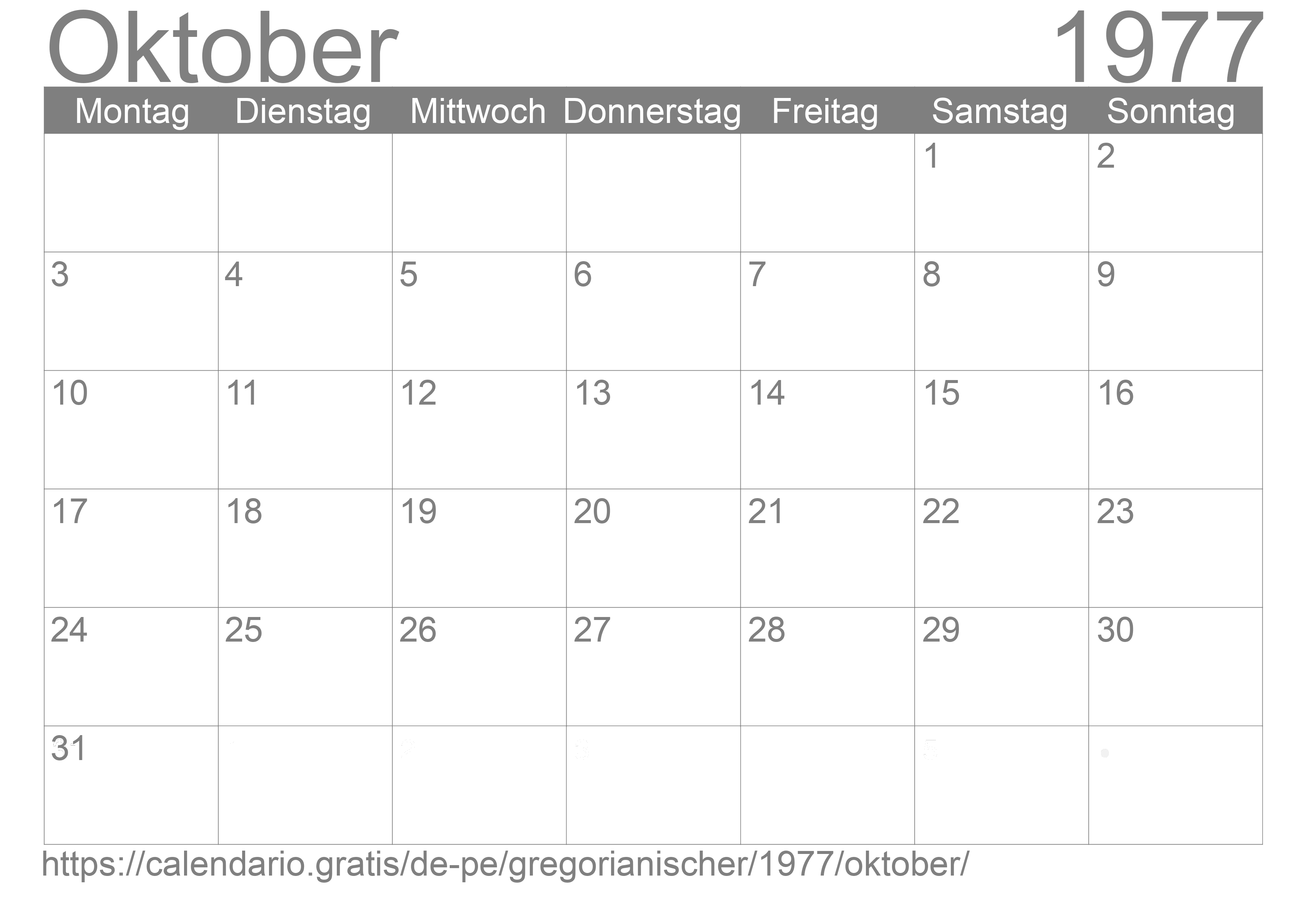 Kalender Oktober 1977 zum Ausdrucken