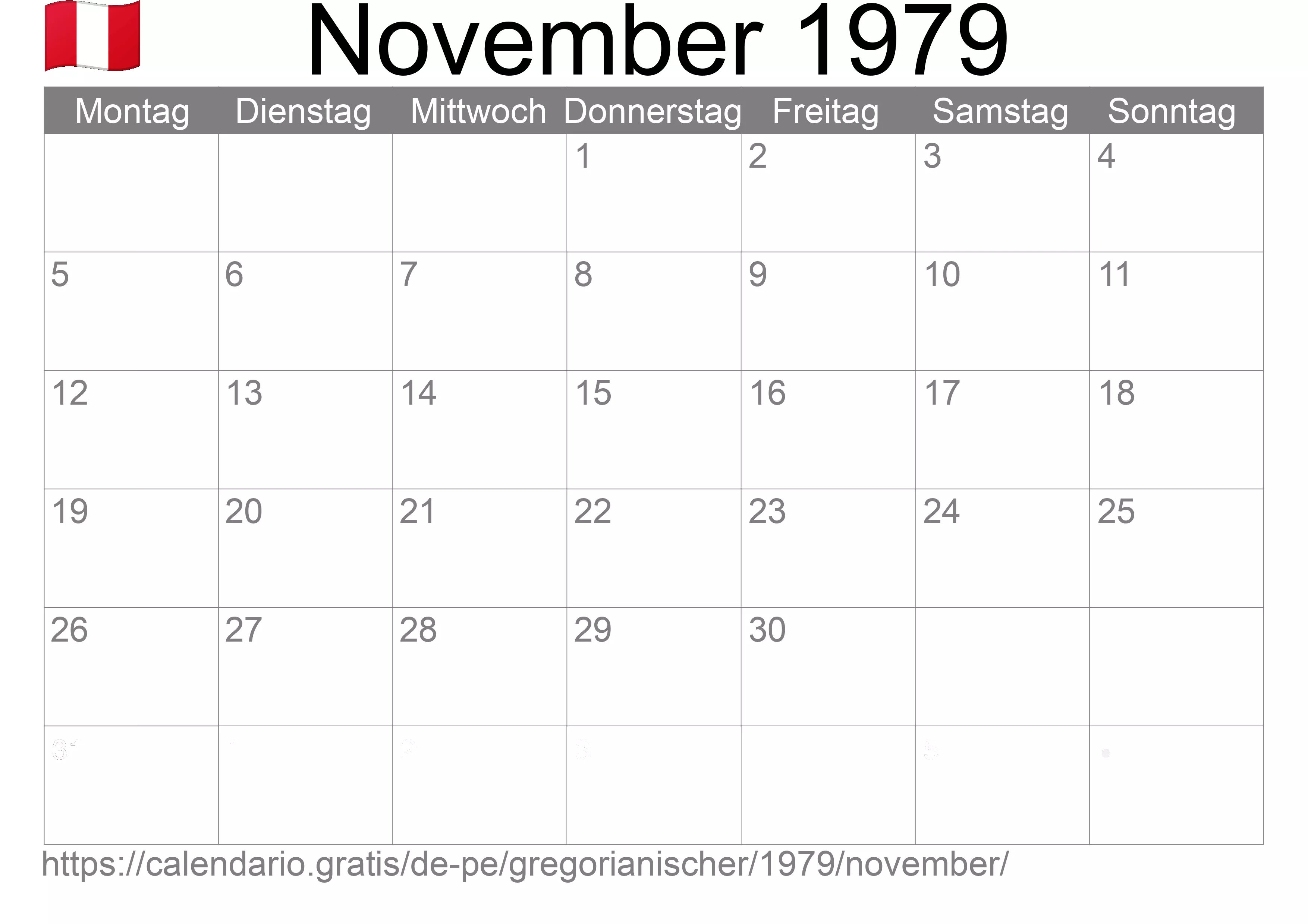 Kalender November 1979 zum Ausdrucken (Peru)