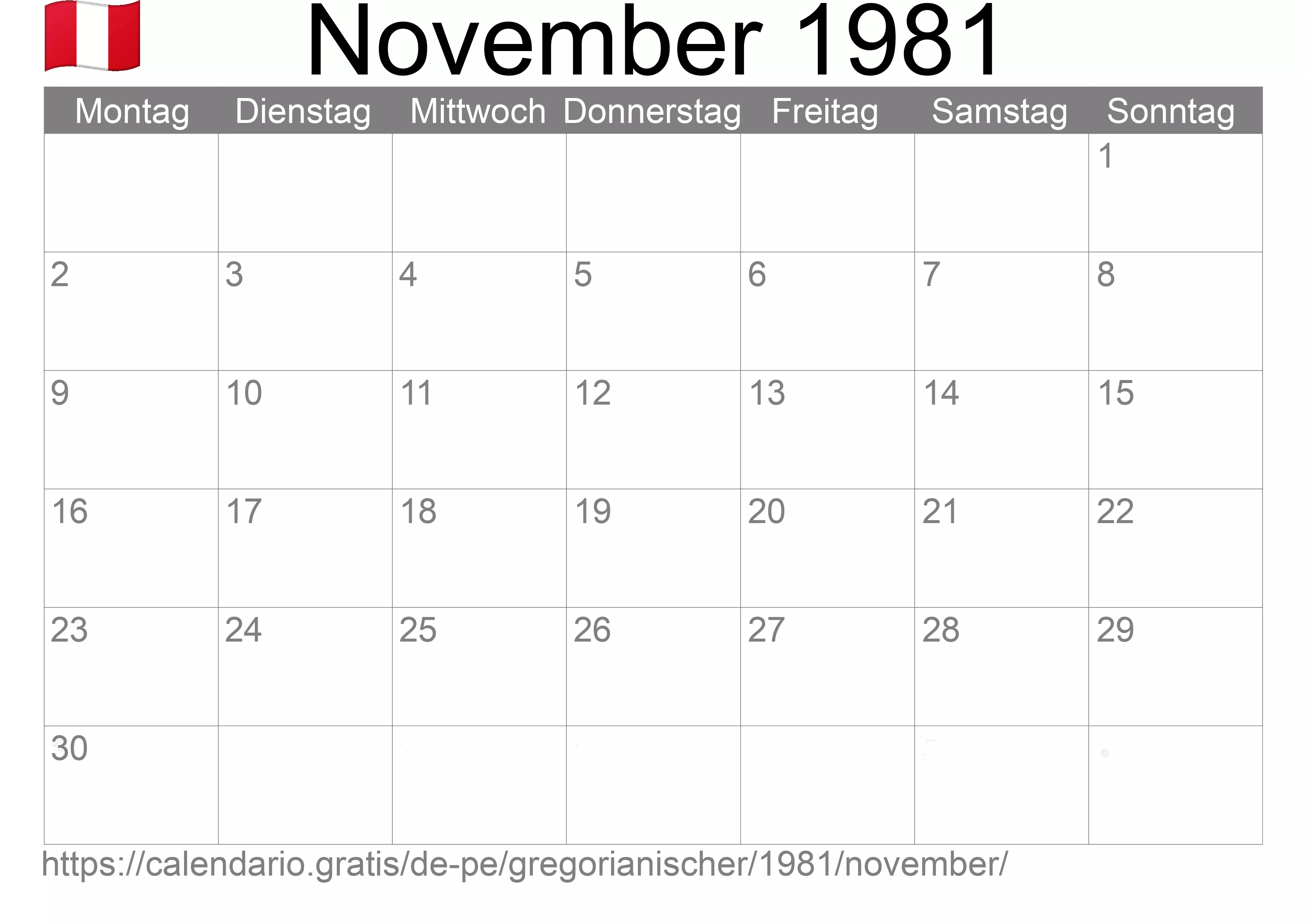 Kalender November 1981 zum Ausdrucken (Peru)
