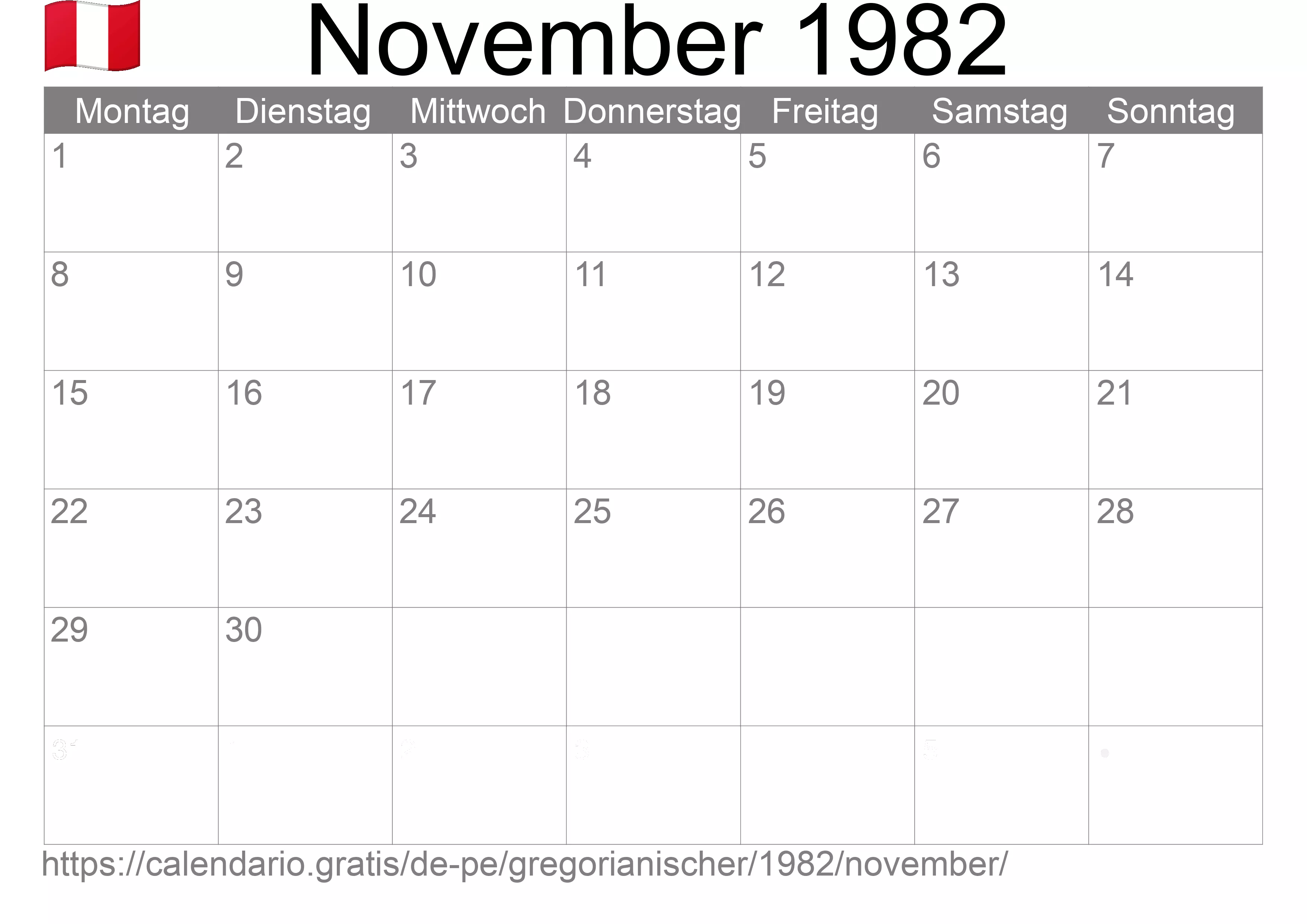 Kalender November 1982 zum Ausdrucken (Peru)