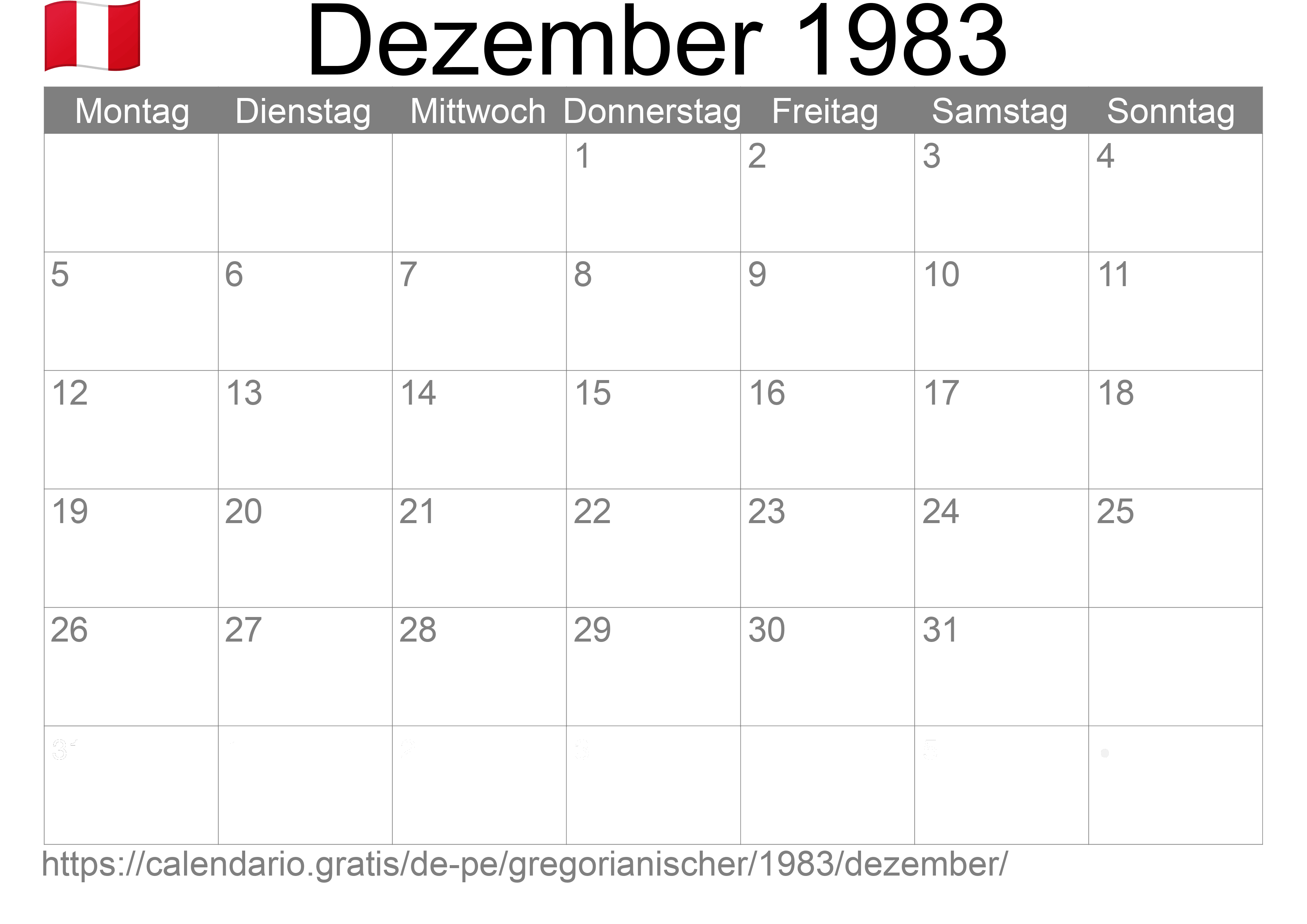 Kalender Dezember 1983 zum Ausdrucken