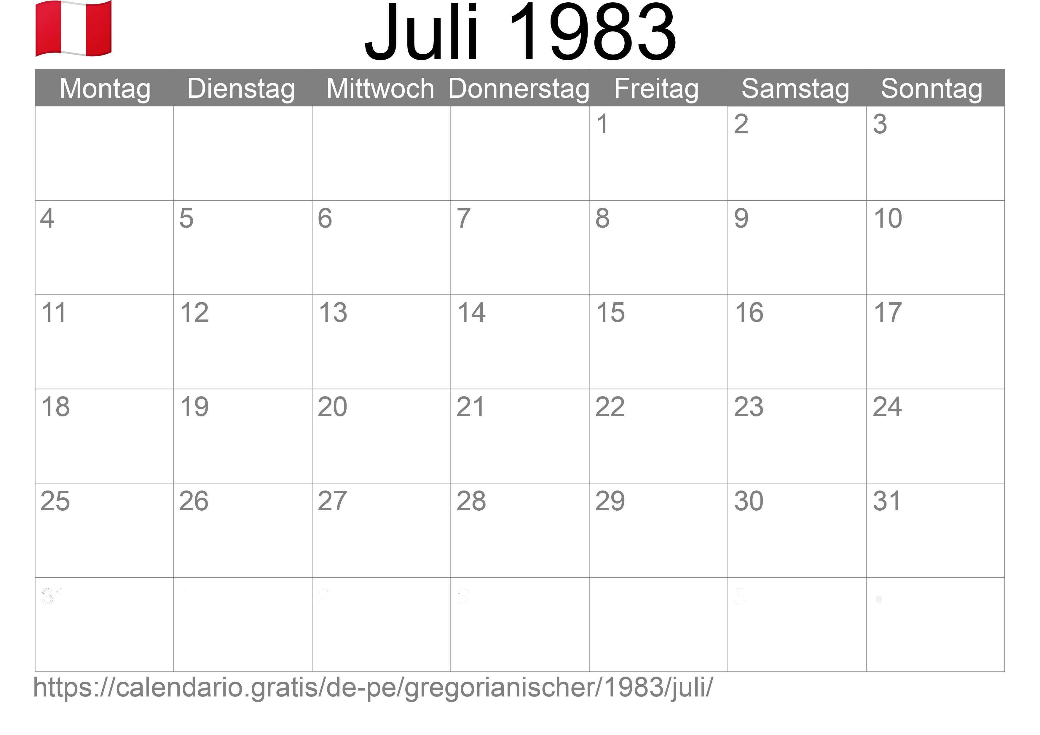 Kalender Juli 1983 zum Ausdrucken