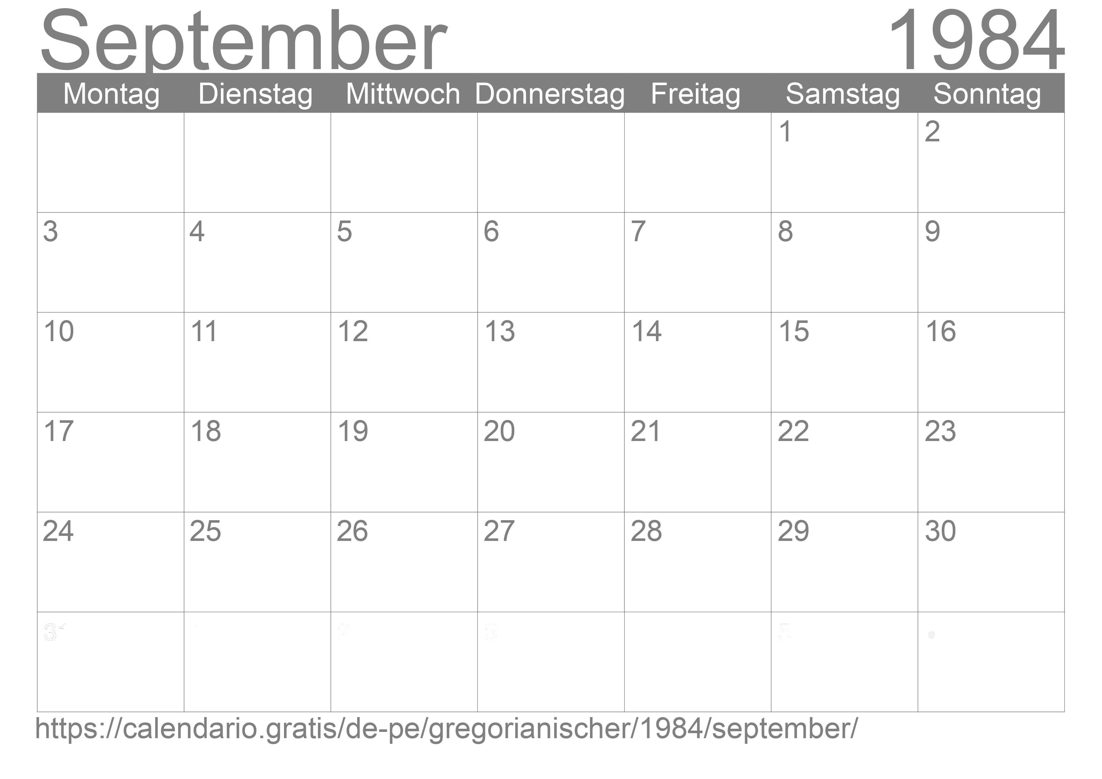 Kalender September 1984 zum Ausdrucken