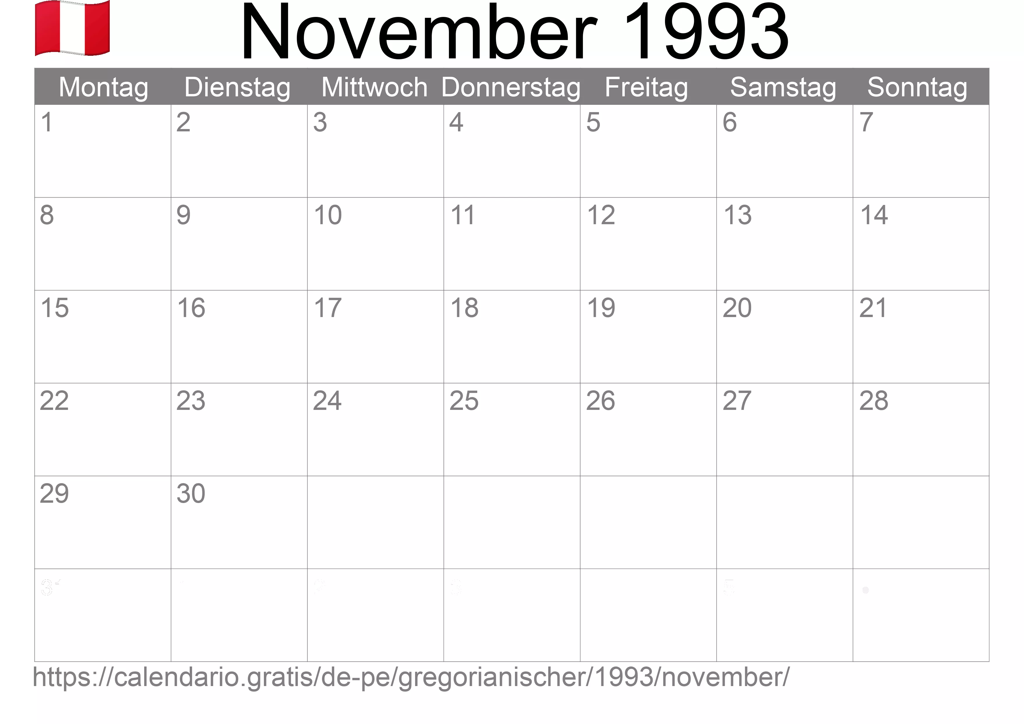 Kalender November 1993 zum Ausdrucken (Peru)