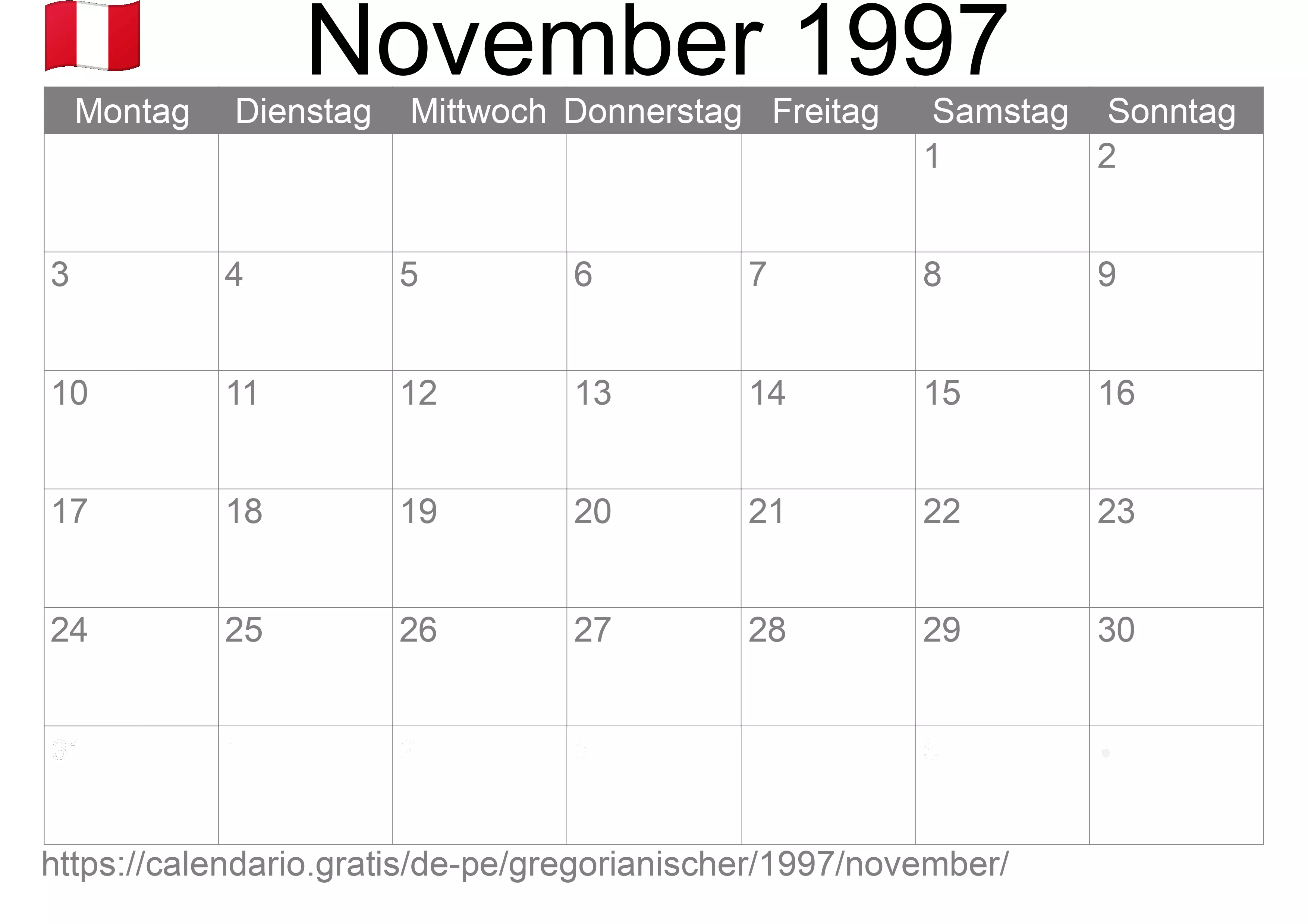 Kalender November 1997 zum Ausdrucken (Peru)