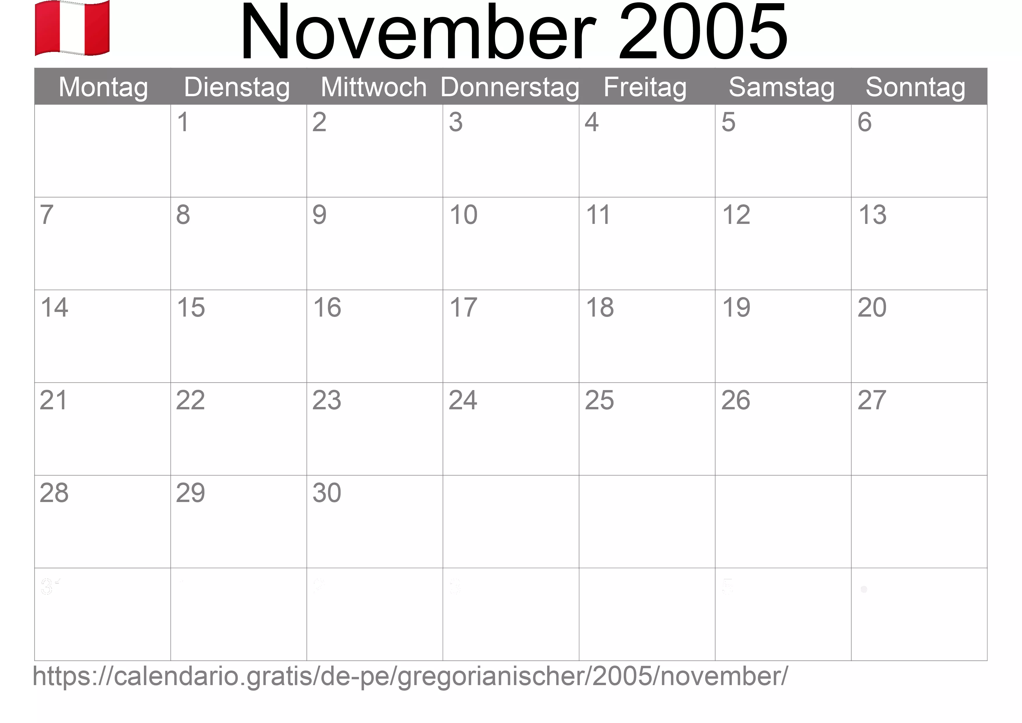 Kalender November 2005 zum Ausdrucken (Peru)
