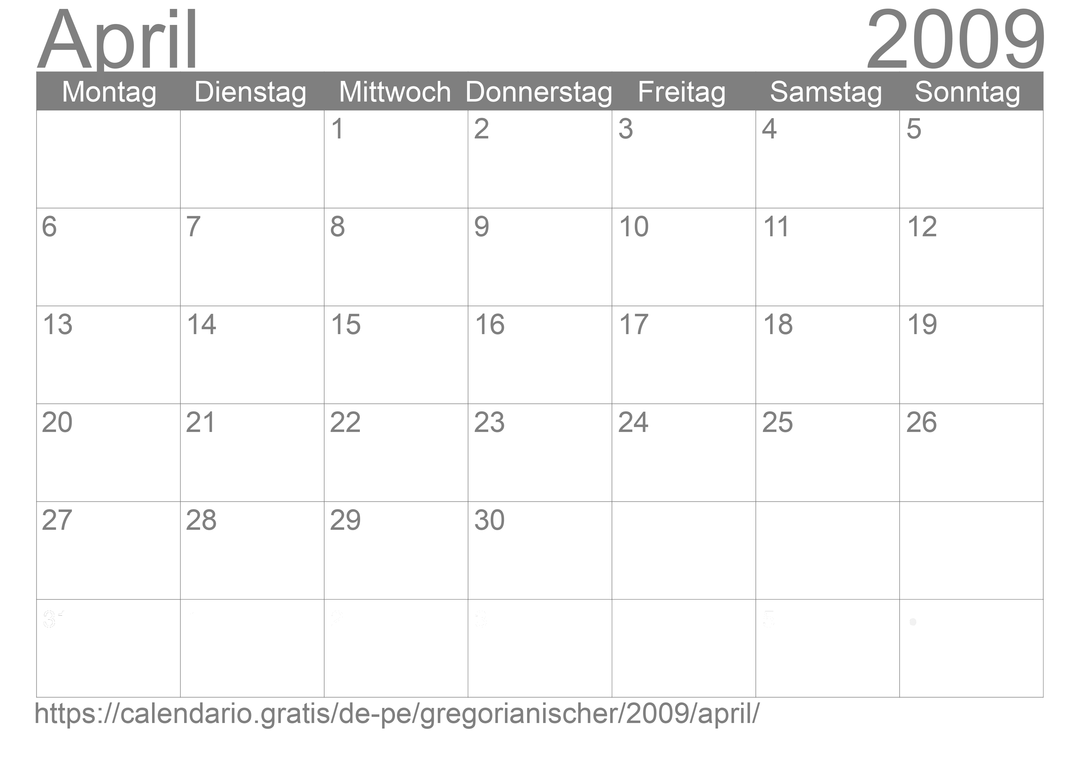 Kalender April 2009 zum Ausdrucken