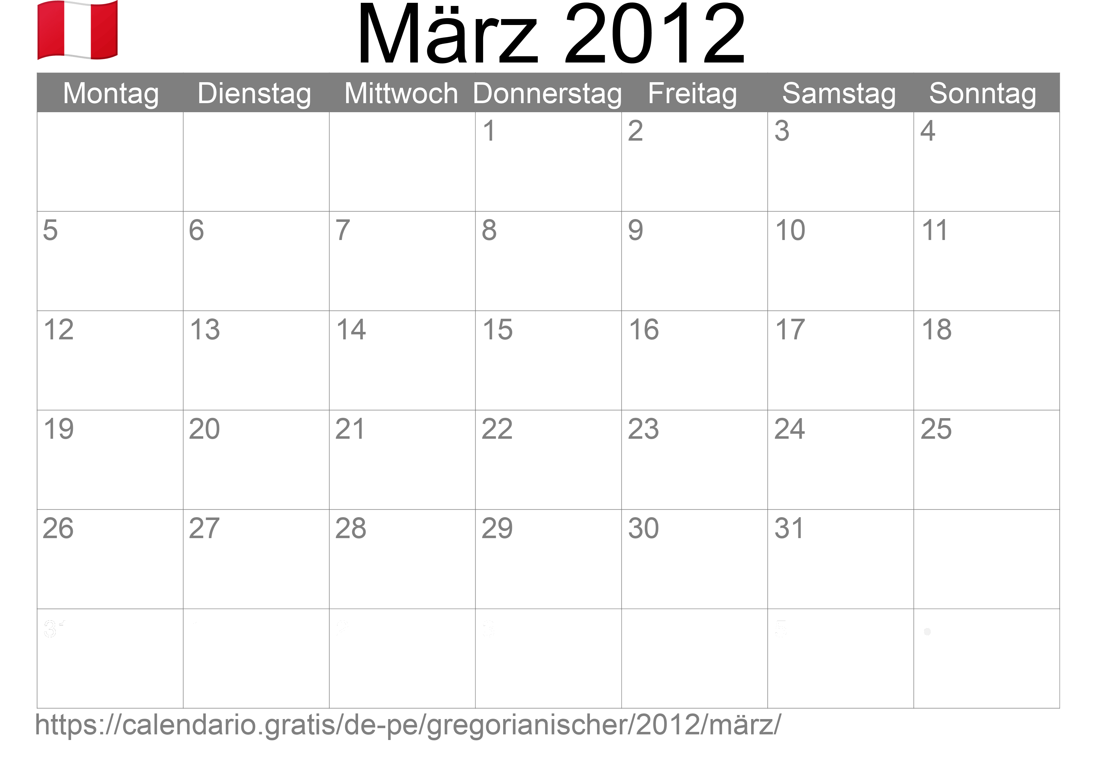 Kalender März 2012 zum Ausdrucken