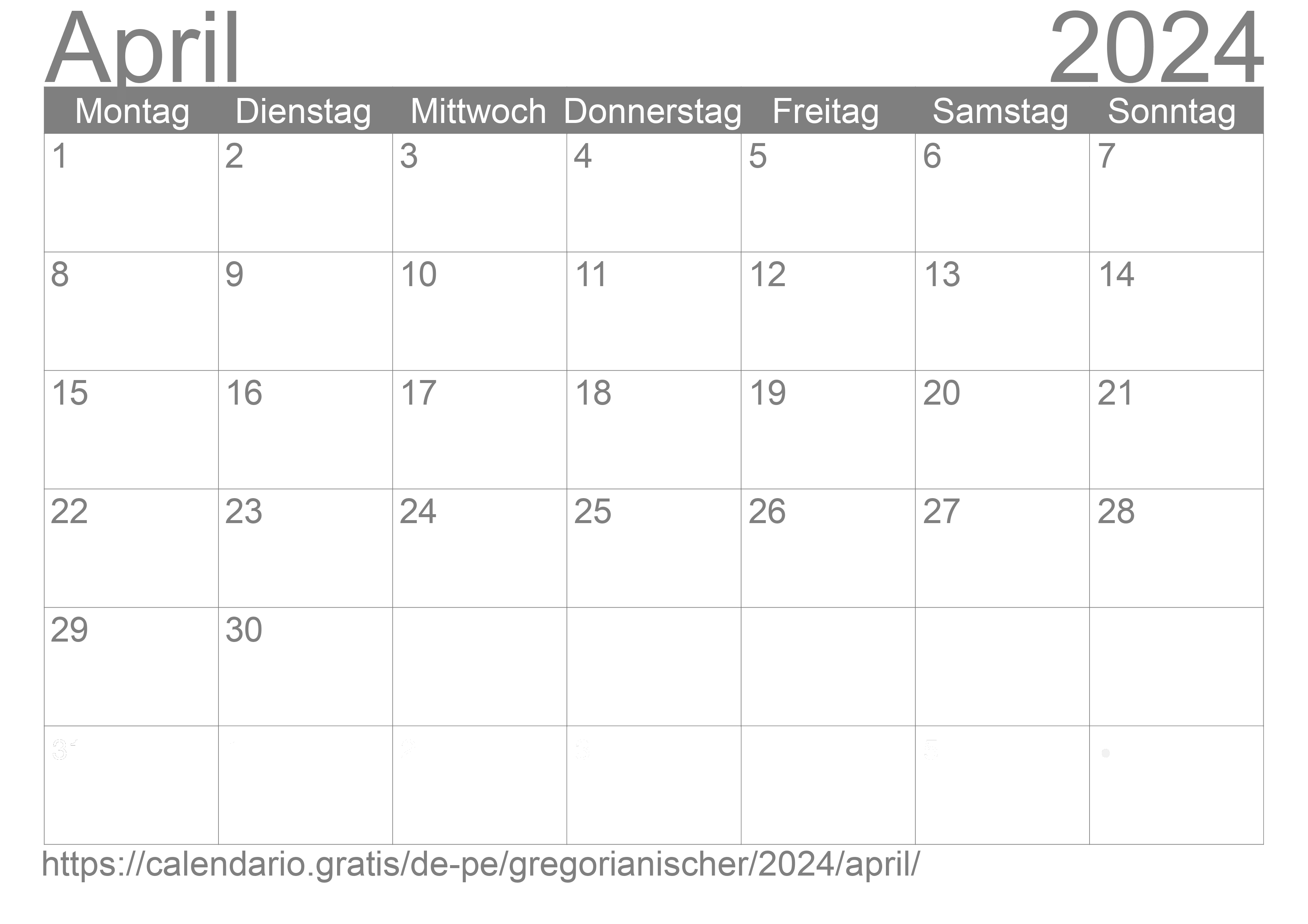 Kalender April 2024 zum Ausdrucken