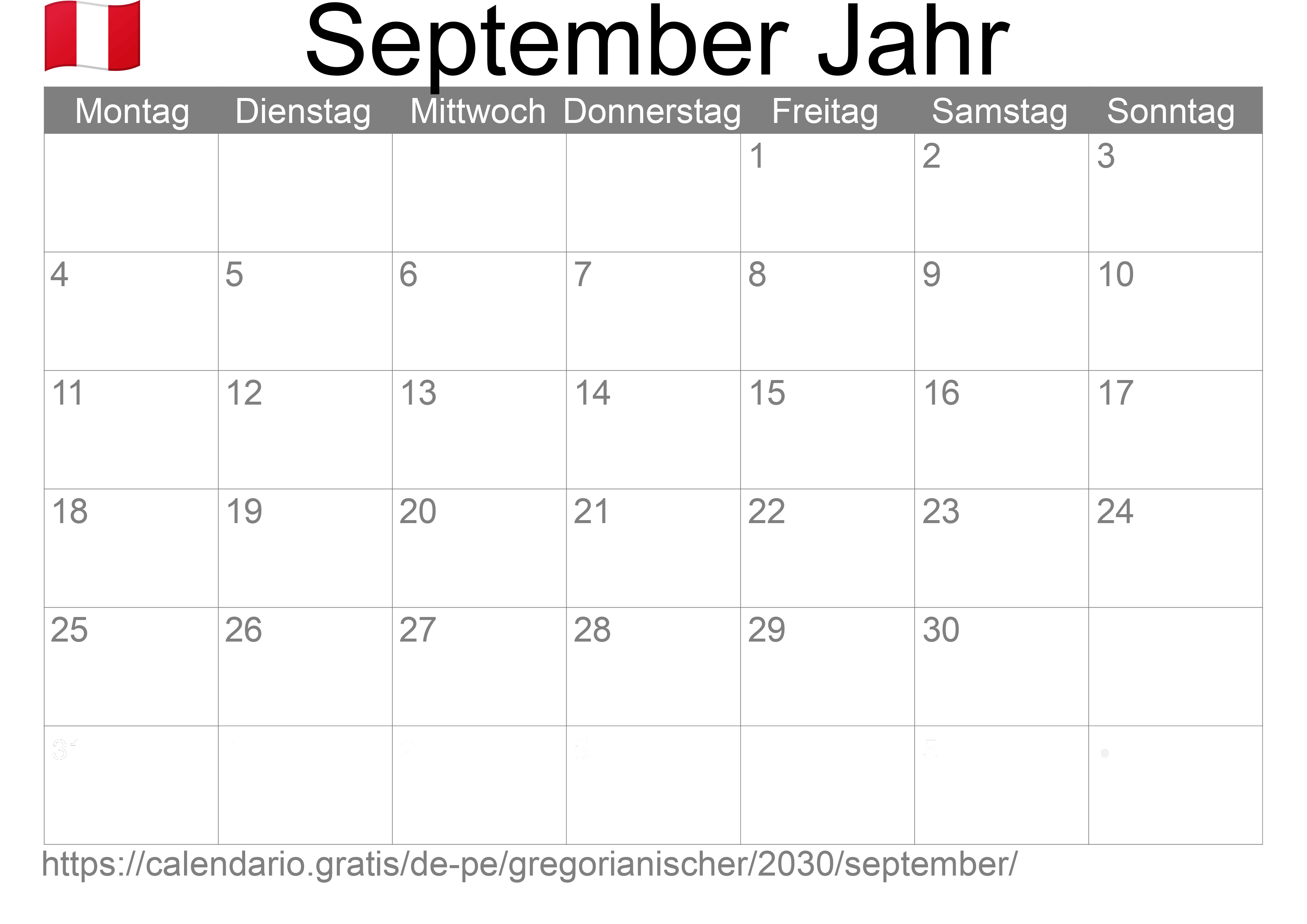 Kalender September 2030 zum Ausdrucken