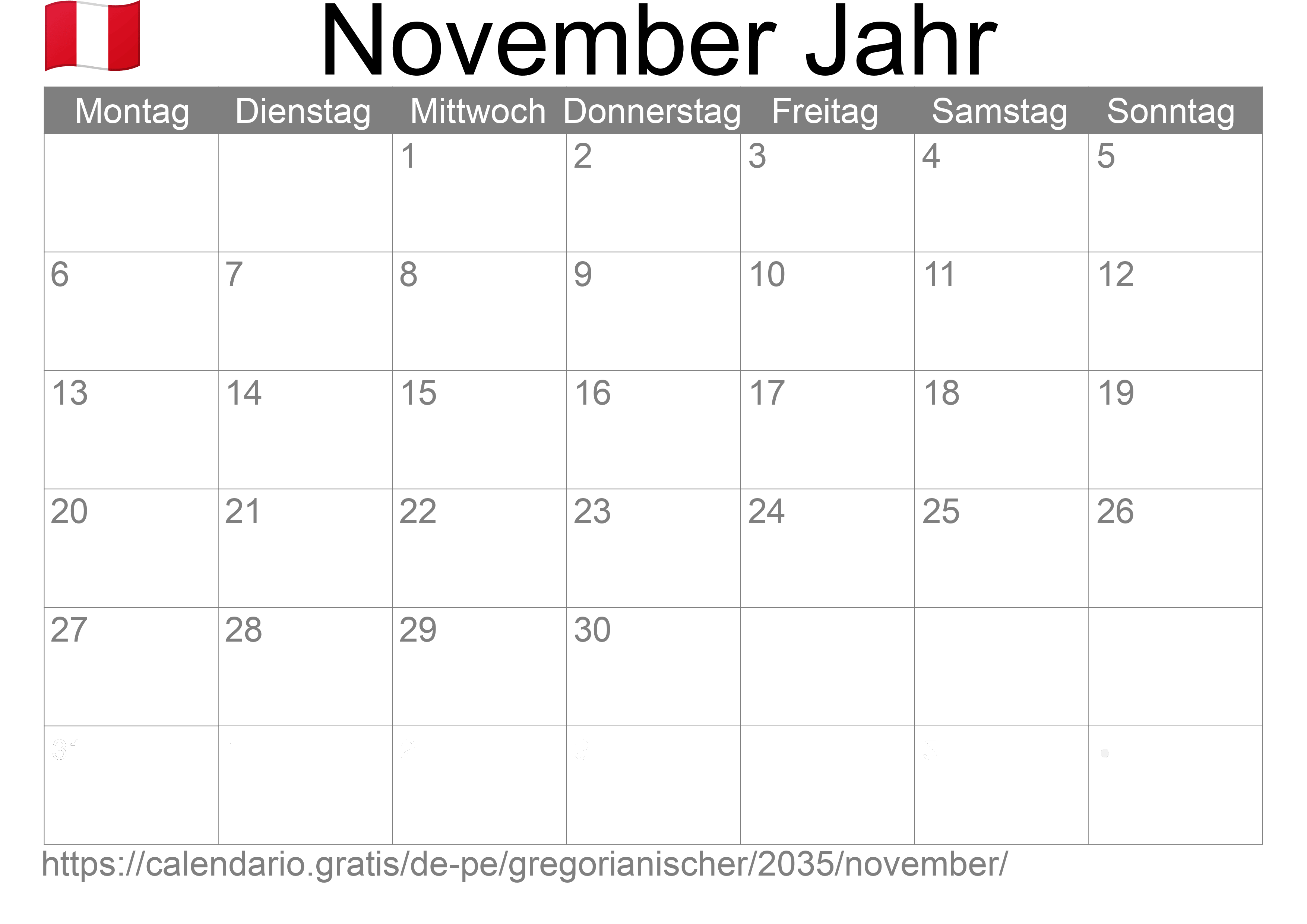 Kalender November 2035 zum Ausdrucken