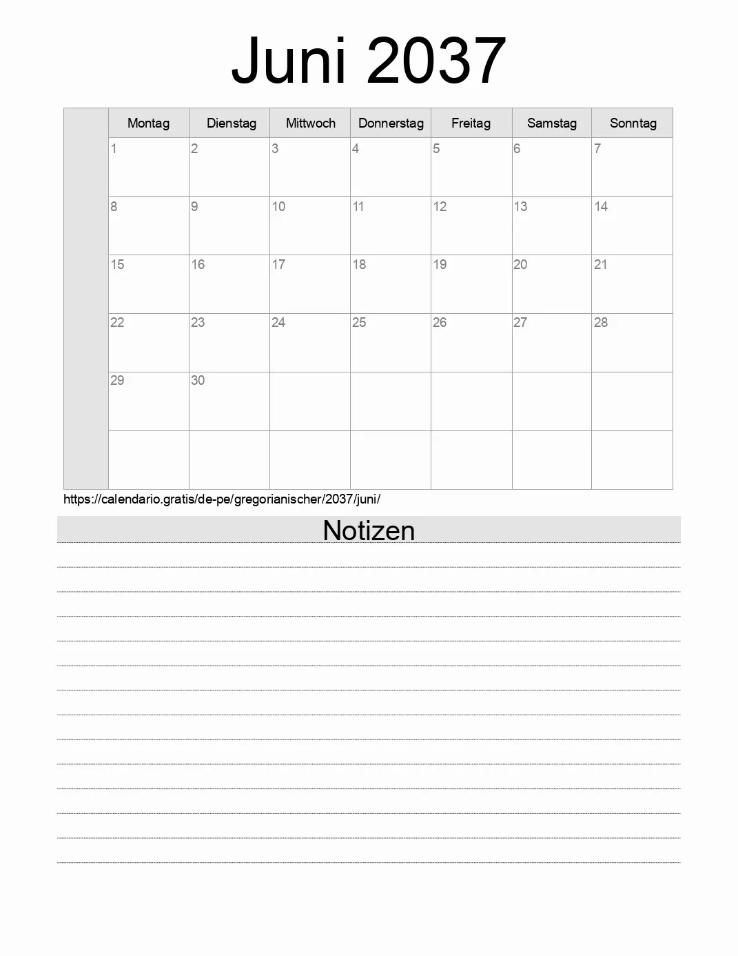 Kalender für Juni 2037 zum Drucken mit Notizen. (Peru)