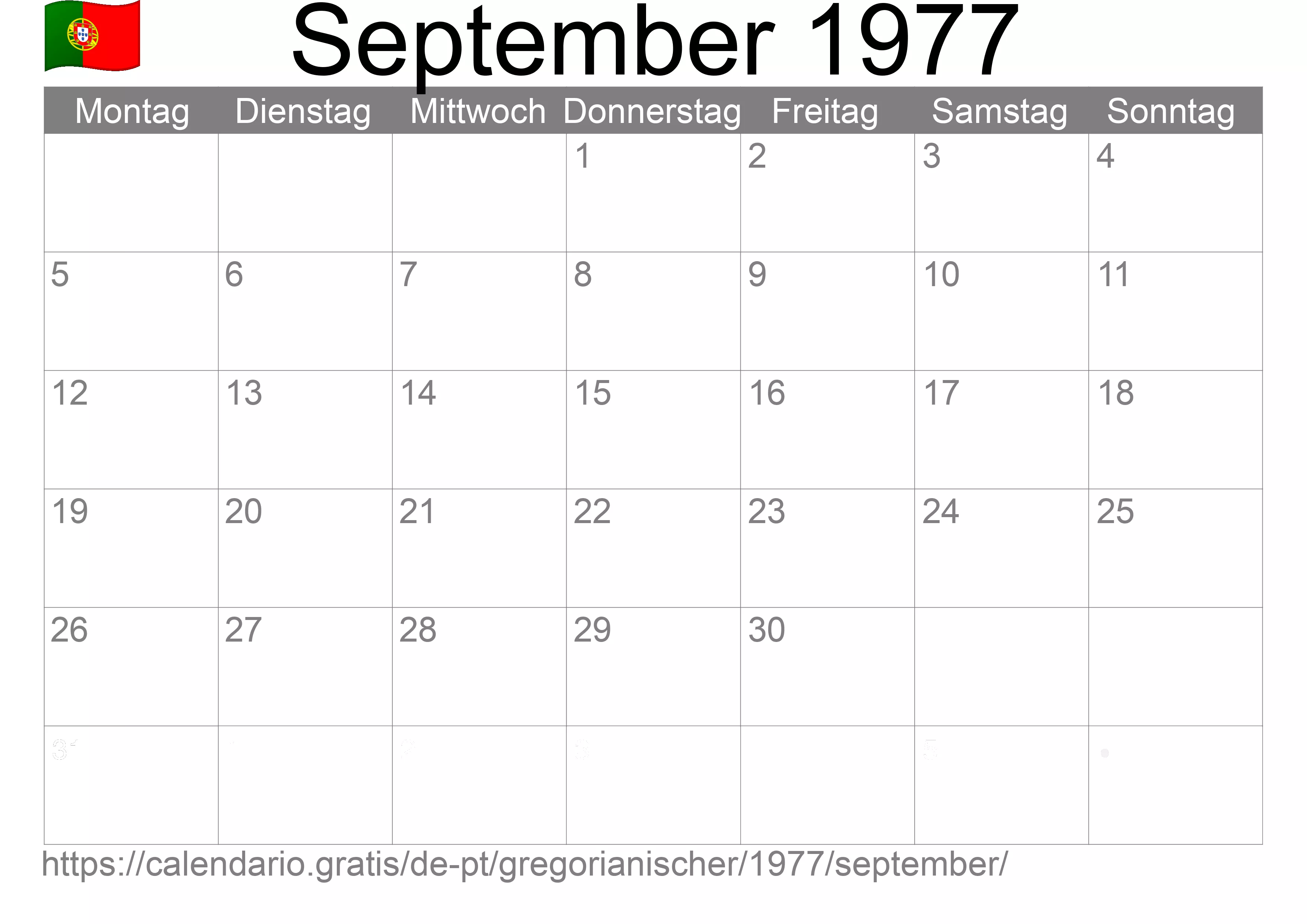 Kalender September 1977 zum Ausdrucken (Portugal)