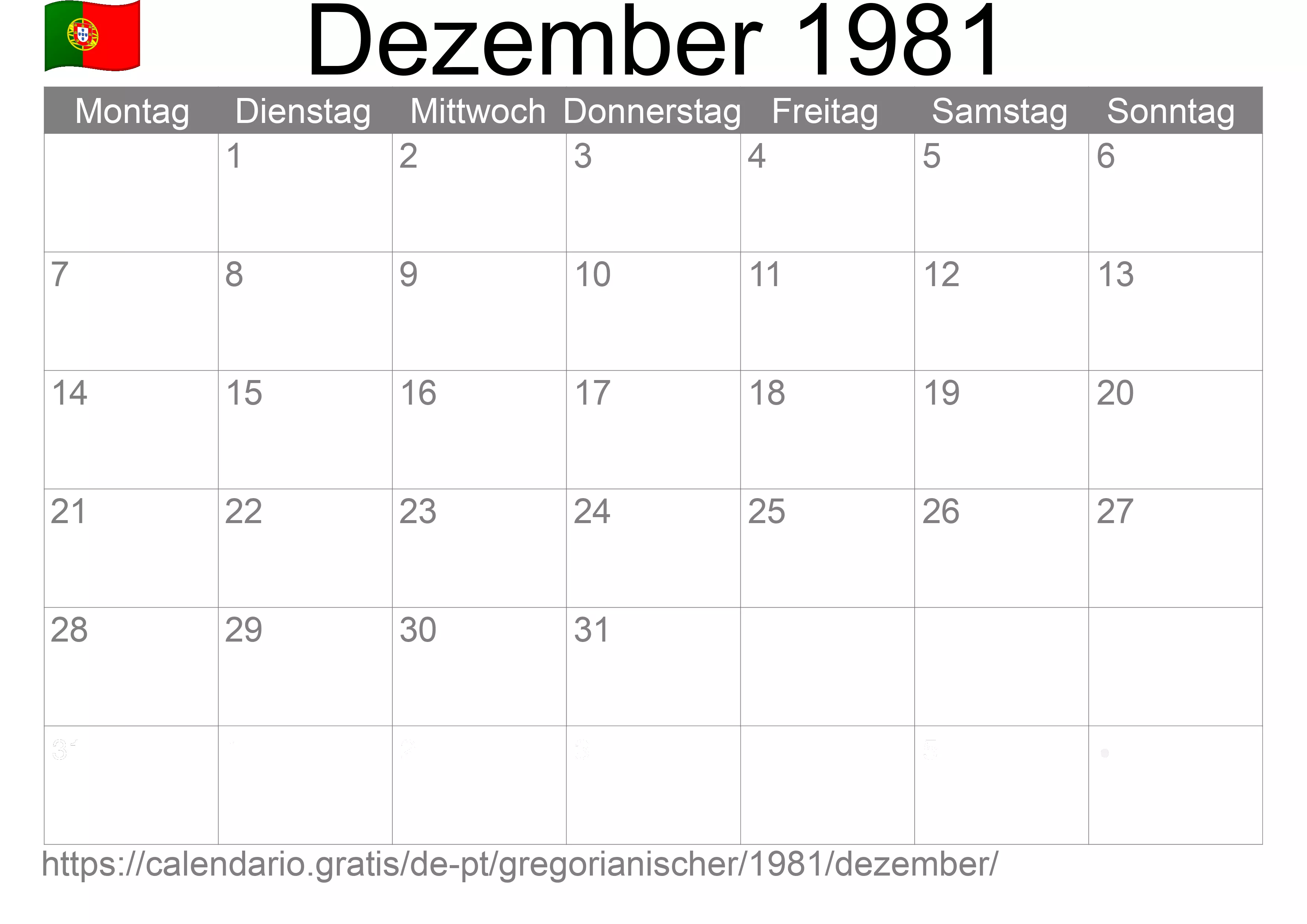 Kalender Dezember 1981 zum Ausdrucken (Portugal)