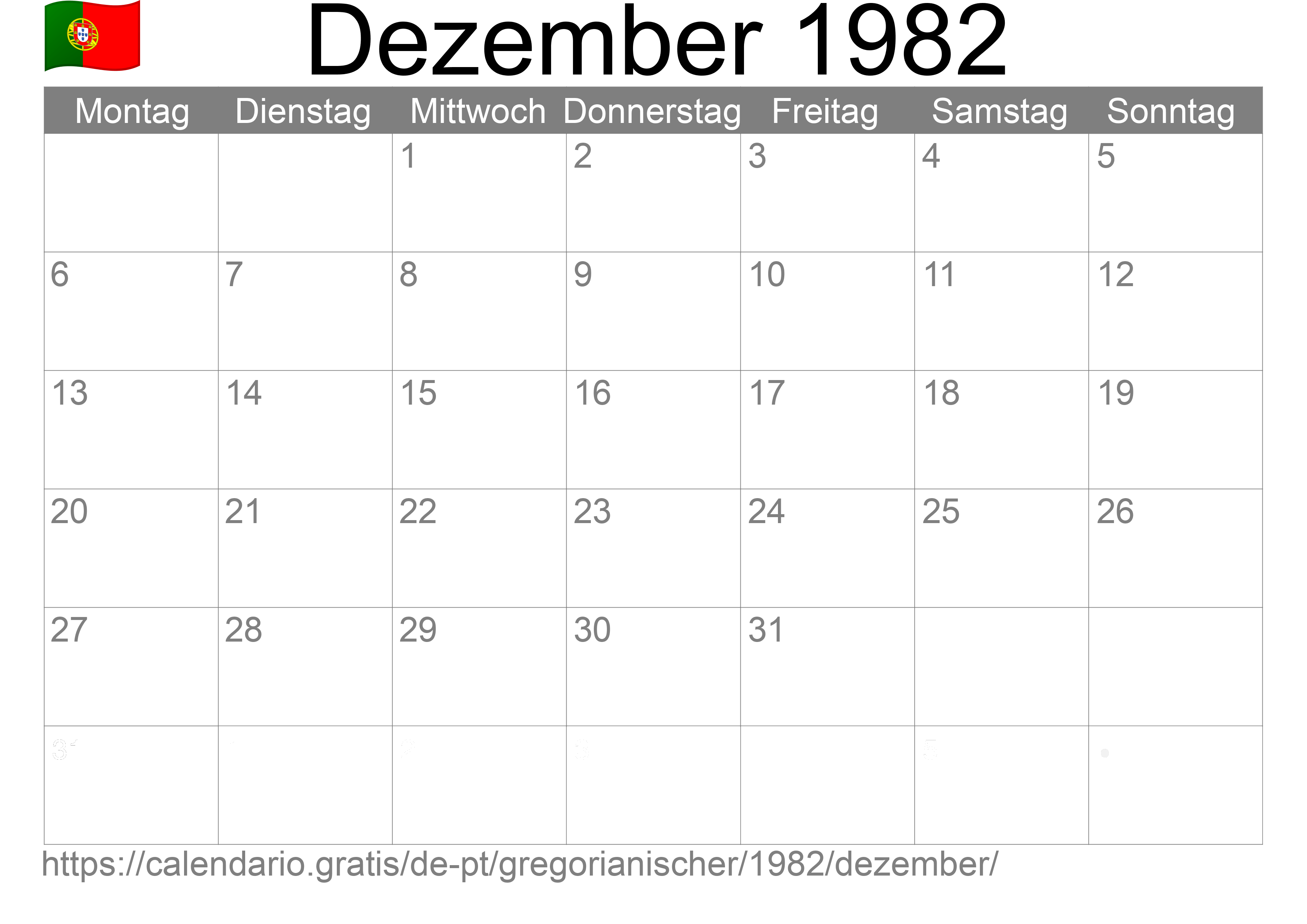 Kalender Dezember 1982 zum Ausdrucken