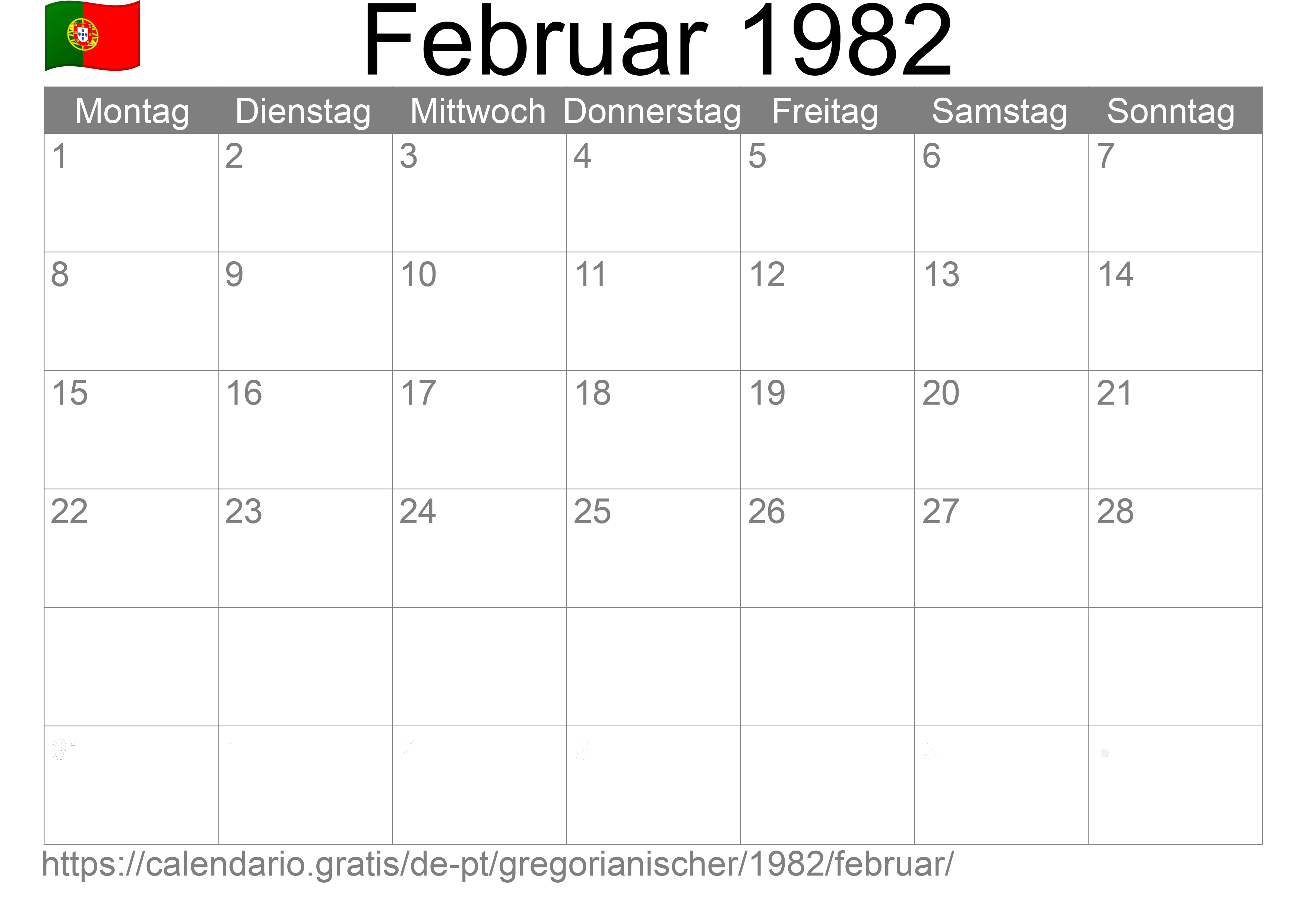 Kalender Februar 1982 zum Ausdrucken