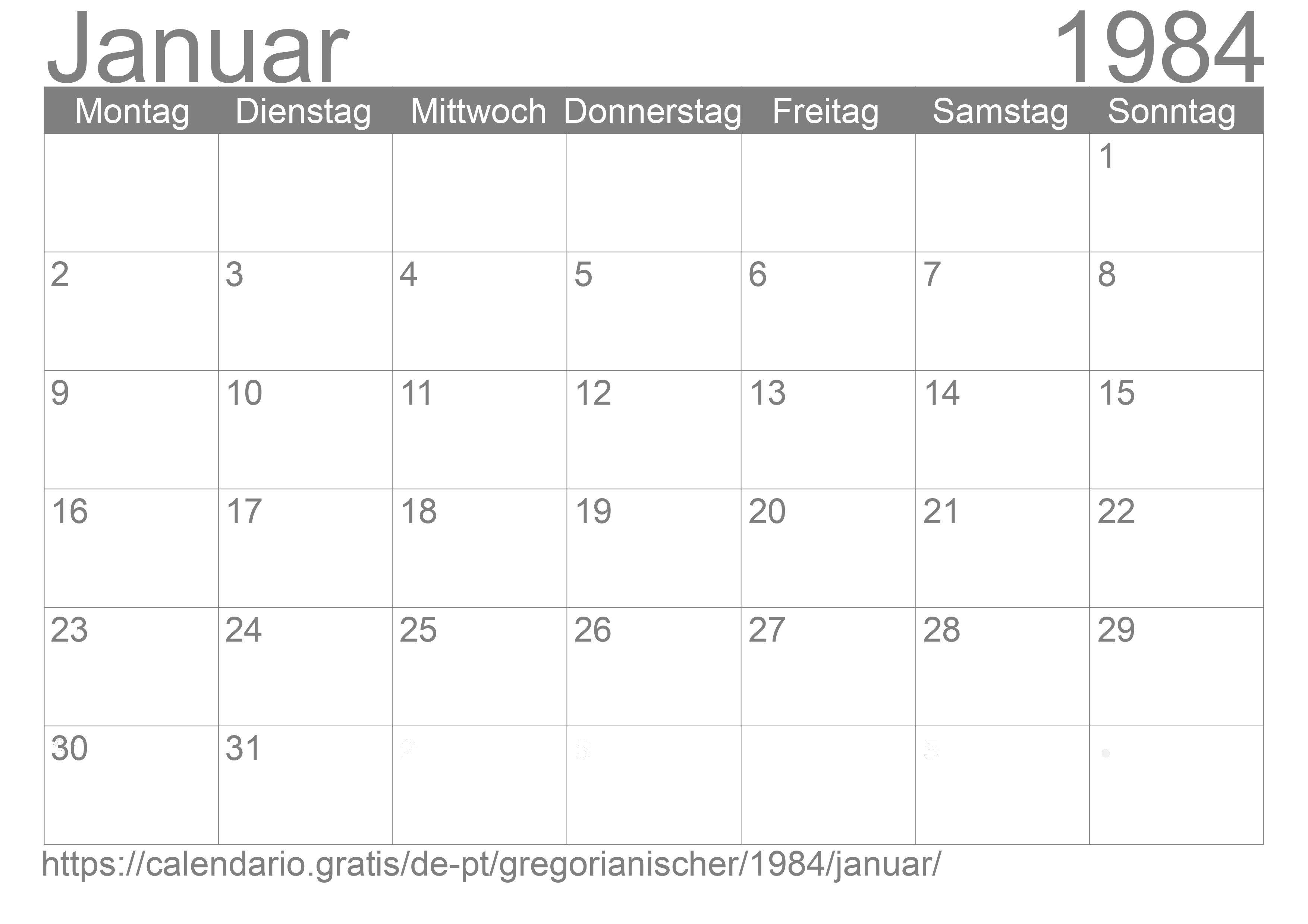 Kalender Januar 1984 zum Ausdrucken