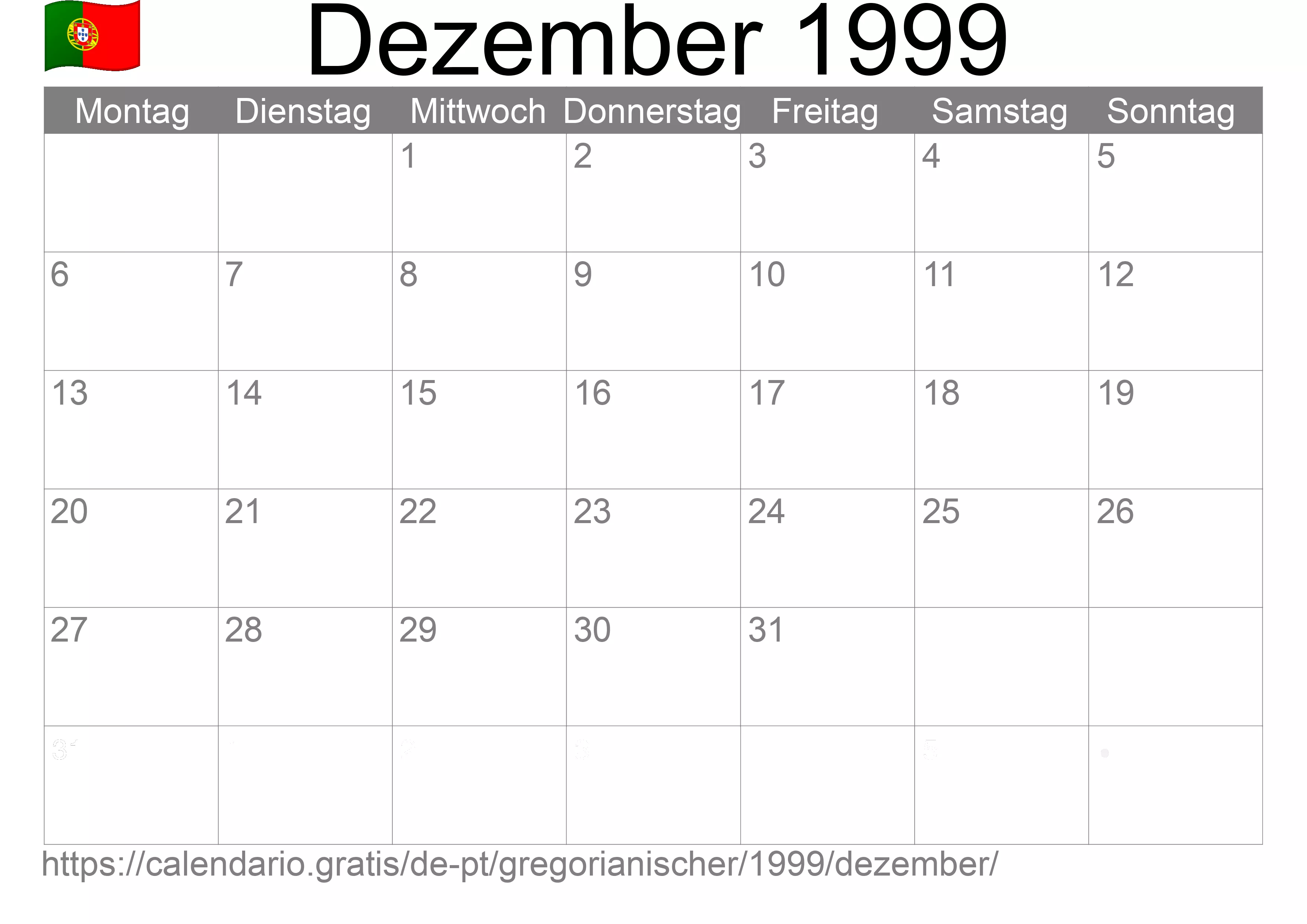 Kalender Dezember 1999 zum Ausdrucken (Portugal)