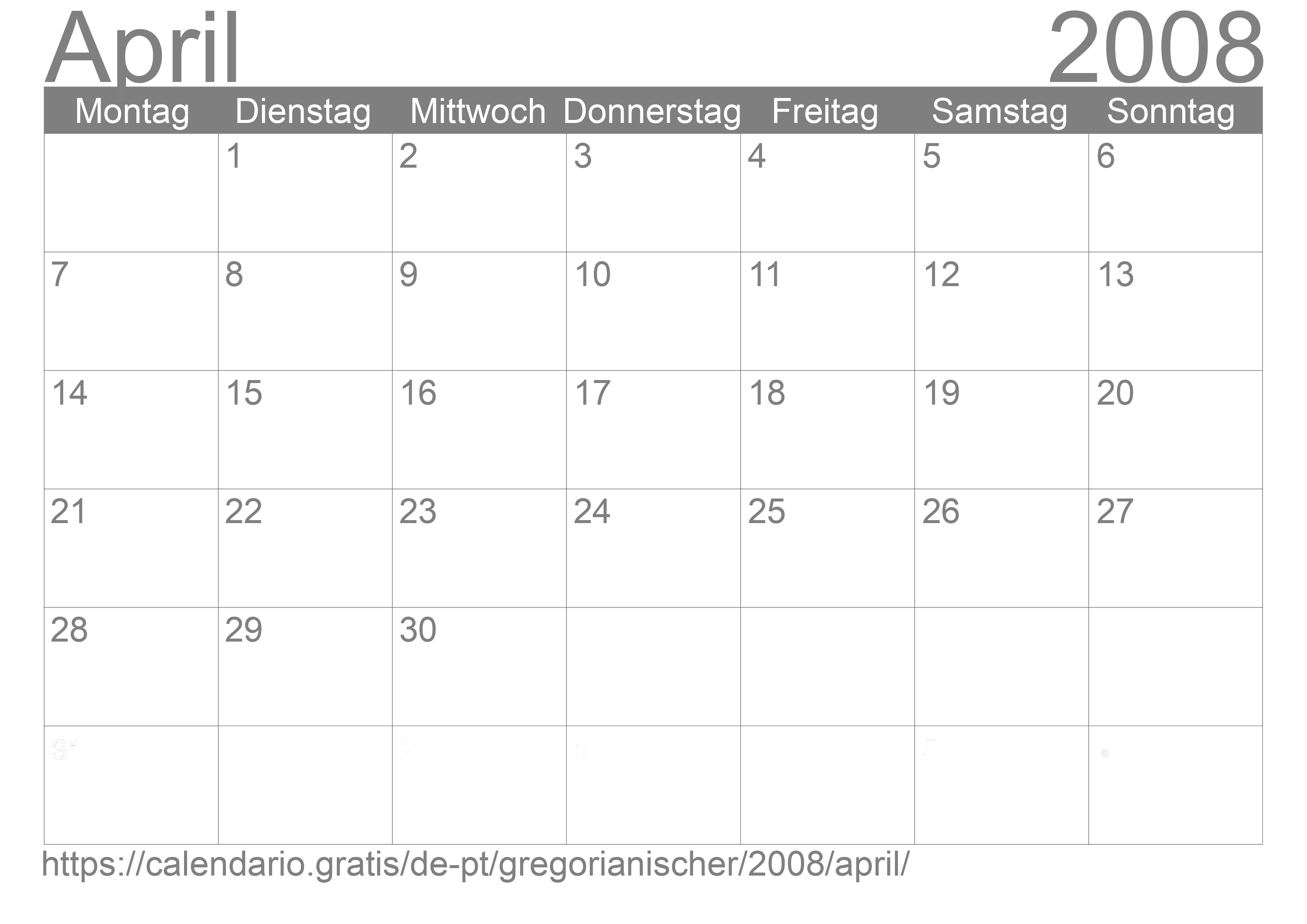 Kalender April 2008 zum Ausdrucken