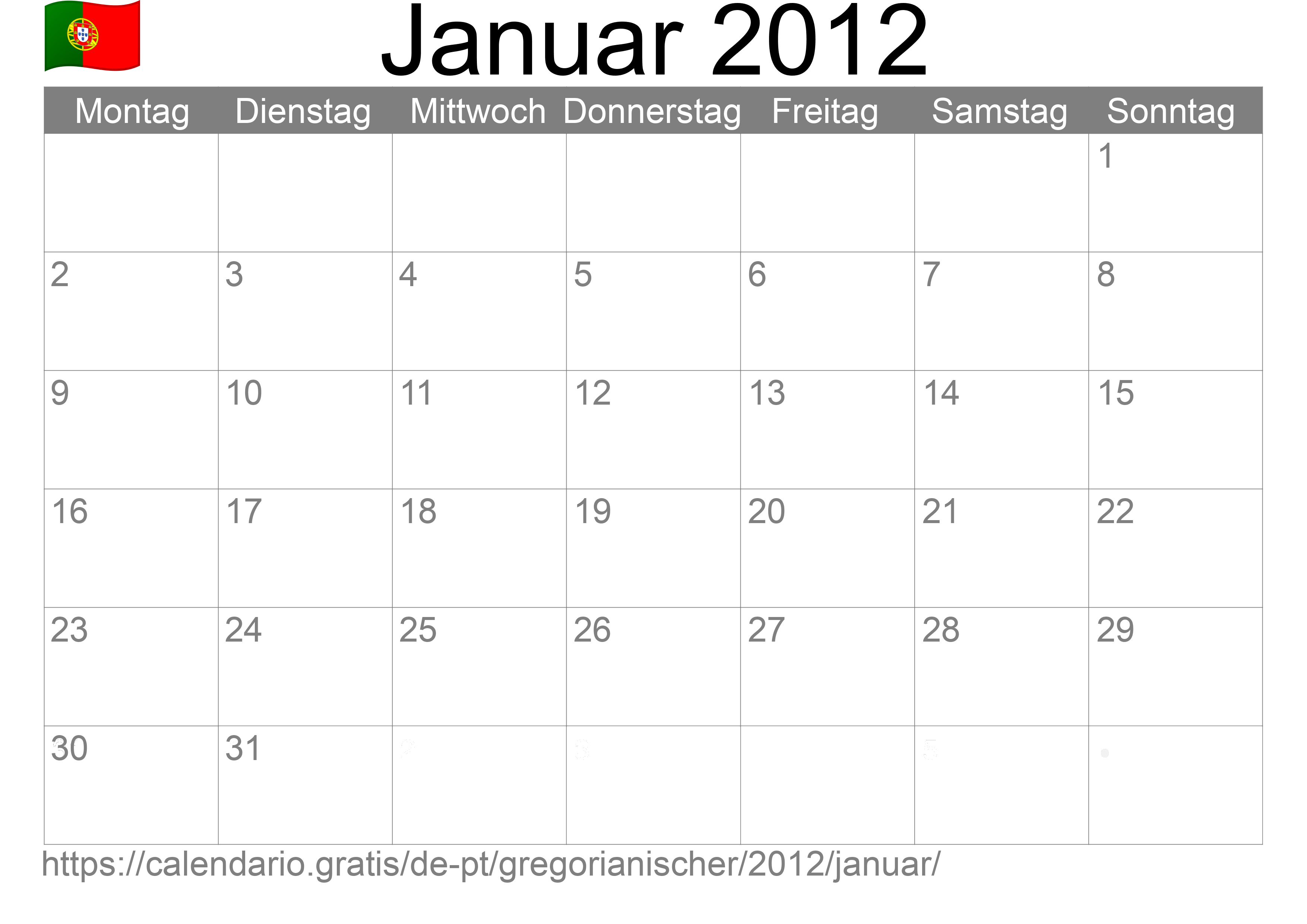 Kalender Januar 2012 zum Ausdrucken